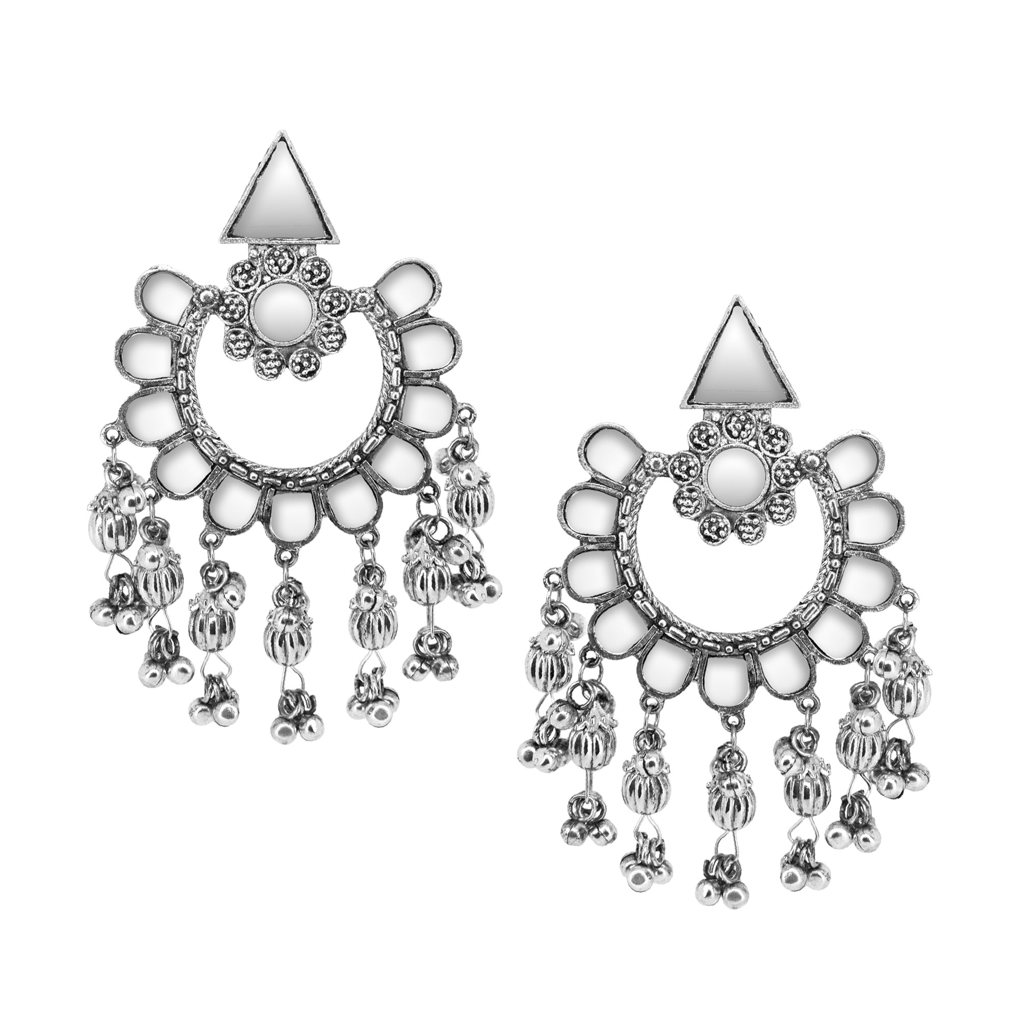 Abhinn Silver Oxidised Floral Design Mirror With Silver Beads Dangler Earrings For Women