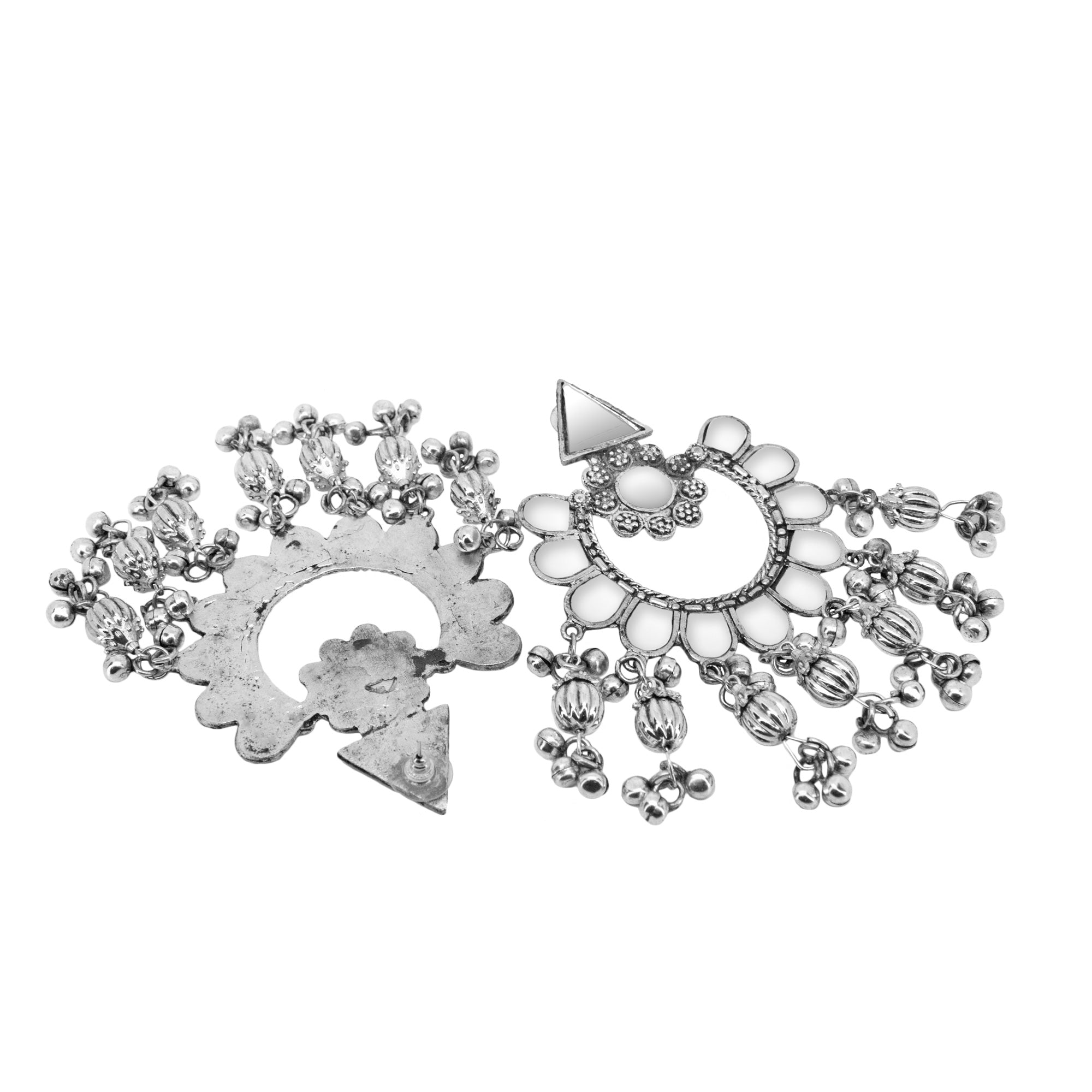 Abhinn Silver Oxidised Floral Design Mirror With Silver Beads Dangler Earrings For Women