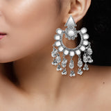 Abhinn Silver Oxidised Floral Design Mirror With Silver Beads Dangler Earrings For Women