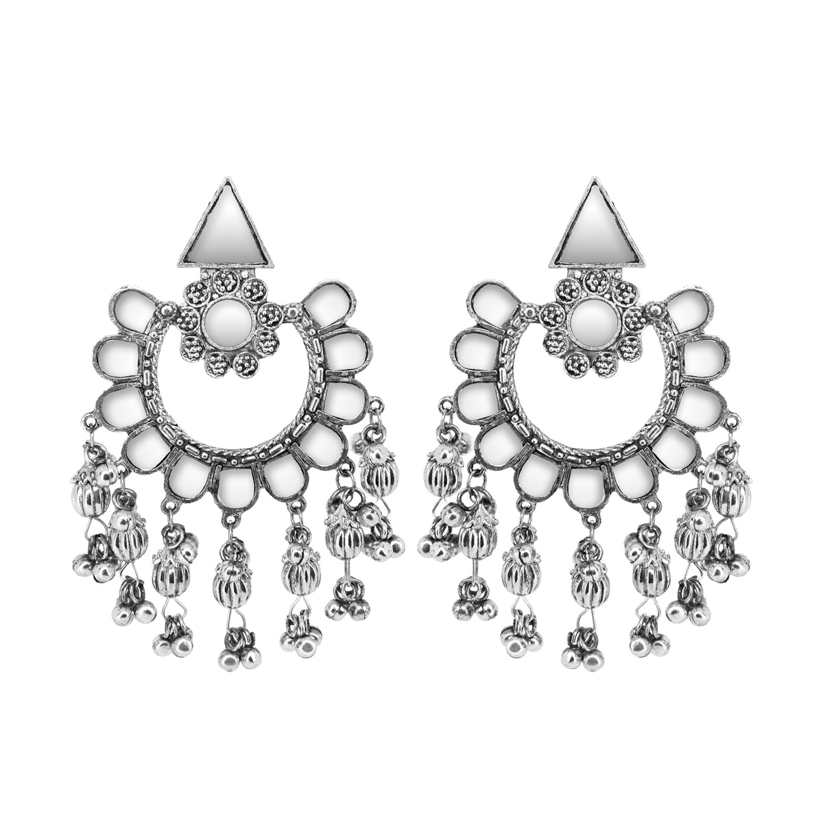 Abhinn Silver Oxidised Floral Design Mirror With Silver Beads Dangler Earrings For Women