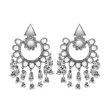 Abhinn Silver Oxidised Floral Design Mirror With Silver Beads Dangler Earrings For Women