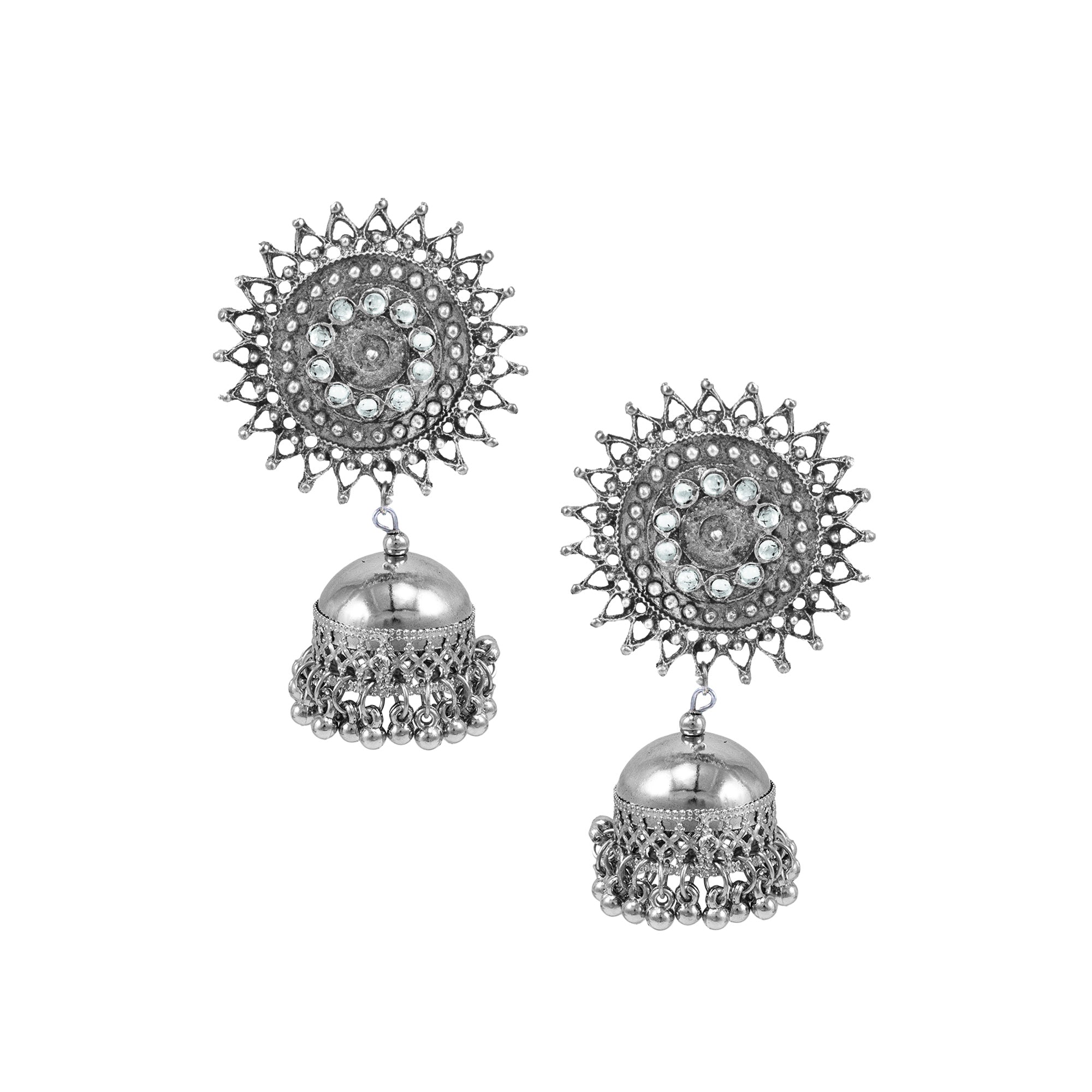 Abhinn Stylish Silver Oxidised Sun Shaped With White Stone Jhumka Earring For Women