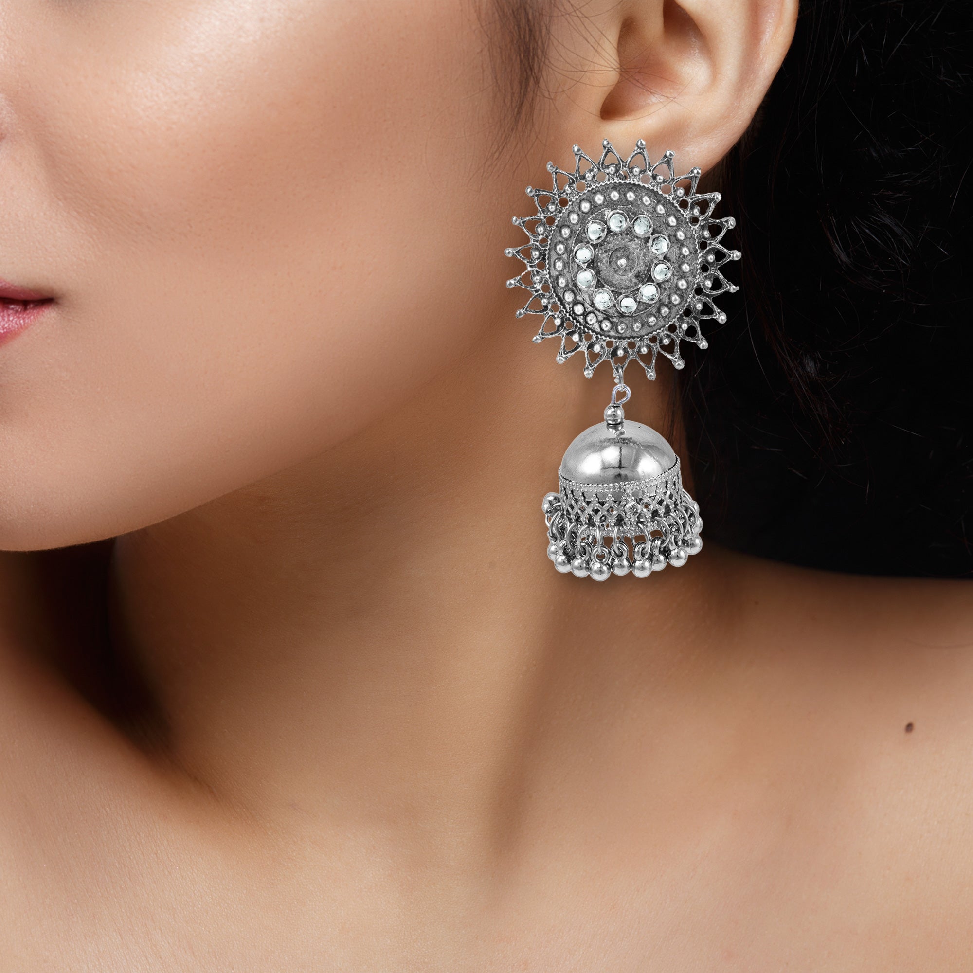 Abhinn Stylish Silver Oxidised Sun Shaped With White Stone Jhumka Earring For Women