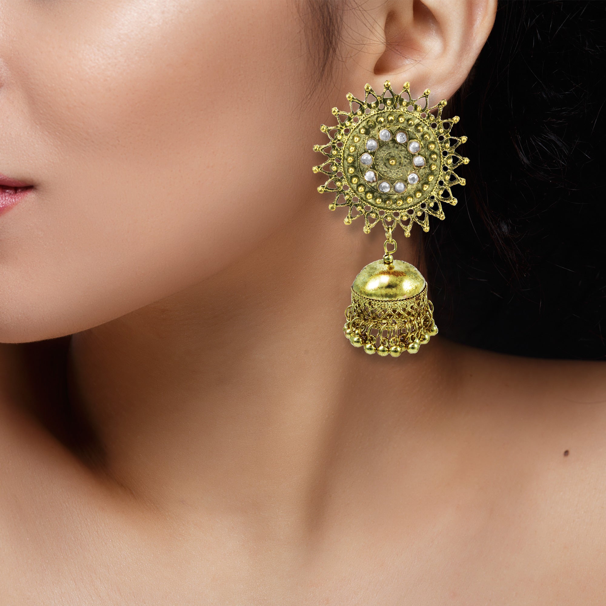 Abhinn Stylish Golden Oxidised Sun Shaped Jhumka Earrings For Women