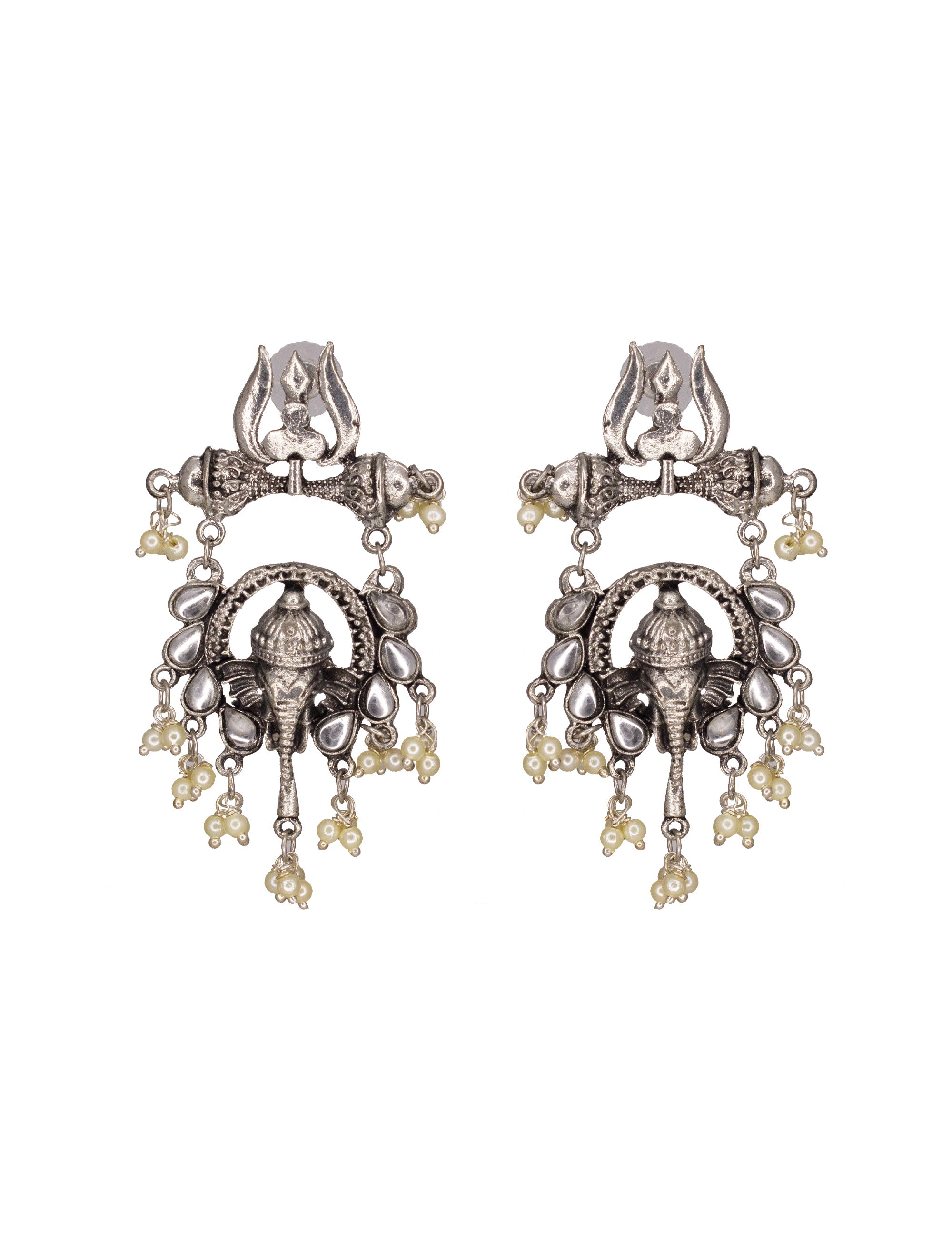 Abhinn Silver Oxidised Ganesha With White Kundan Stone Dangler Earring For Women