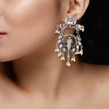 Silver Oxidised Ganesha With White Kundan Stone Dangler Earrings For Women