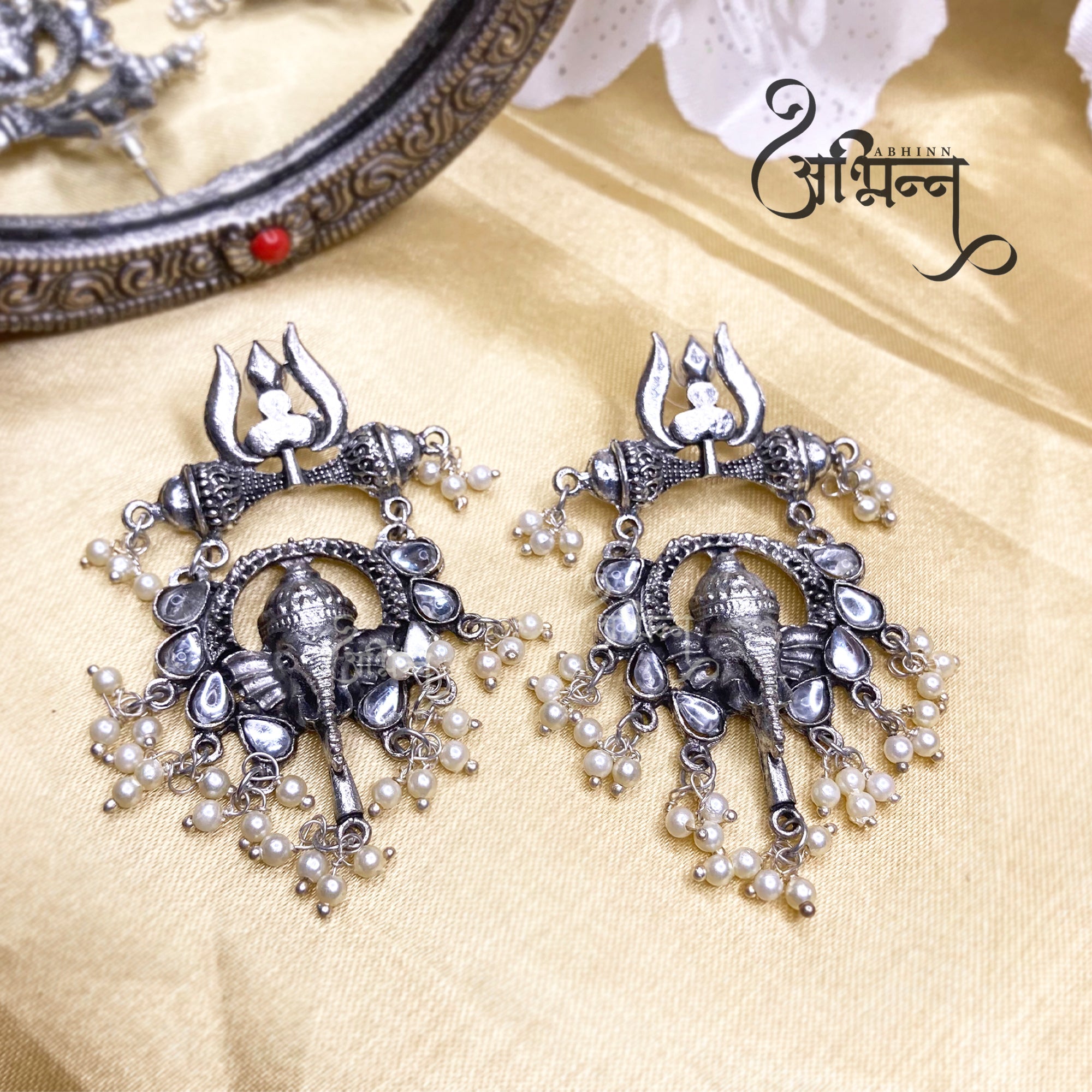 Abhinn Silver Oxidised Ganesha With White Kundan Stone Dangler Earring For Women