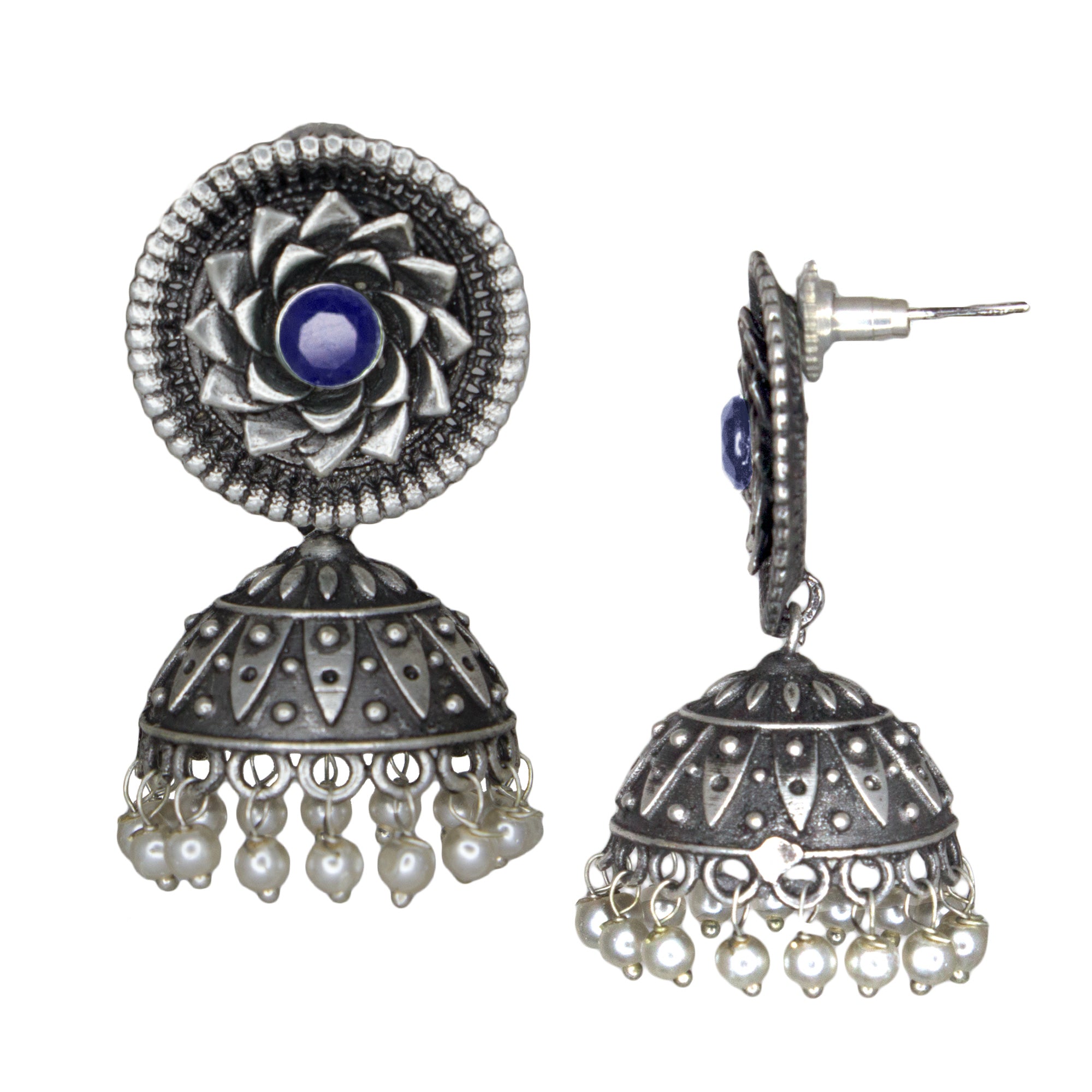 Abhinn Silver Replica Blue Floral Design Jhumka With CZ Stone Earrings For Girls