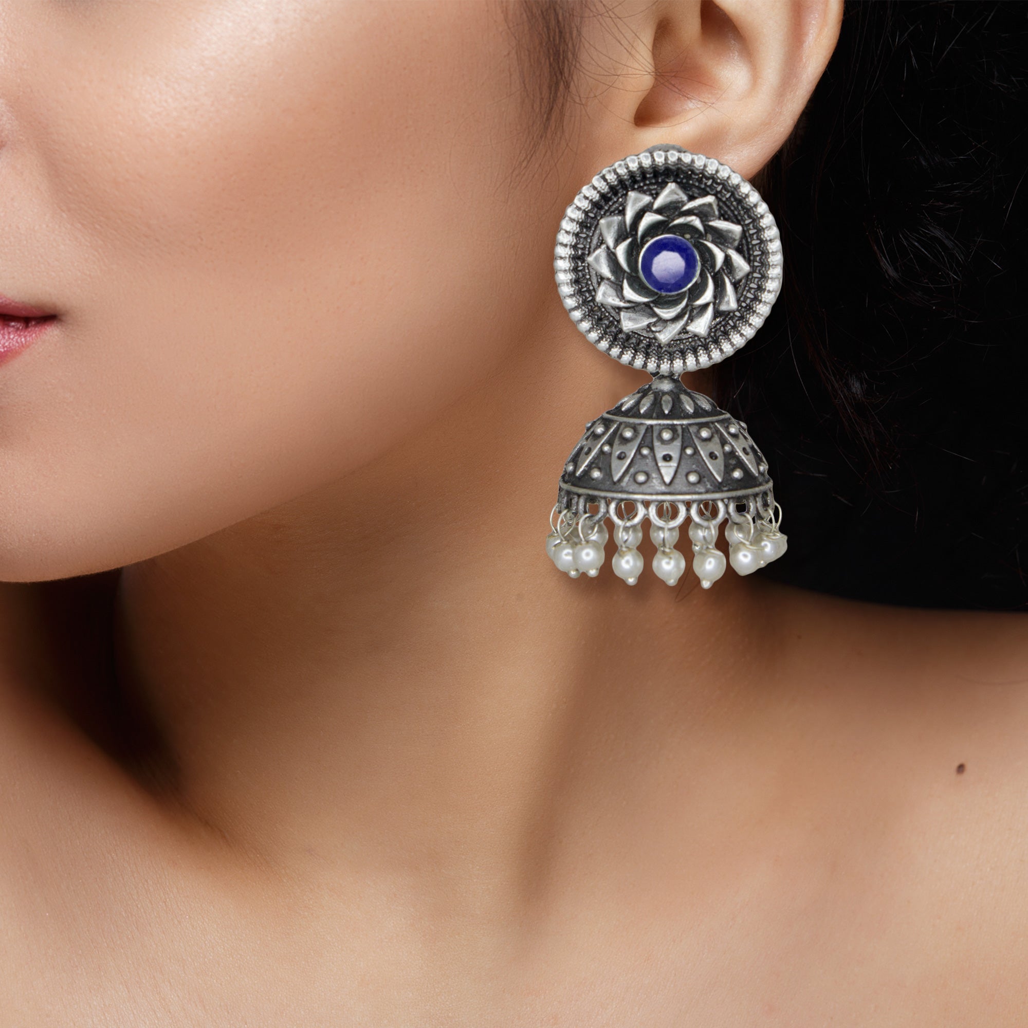 Abhinn Silver Replica Blue Floral Design Jhumka With CZ Stone Earrings For Girls