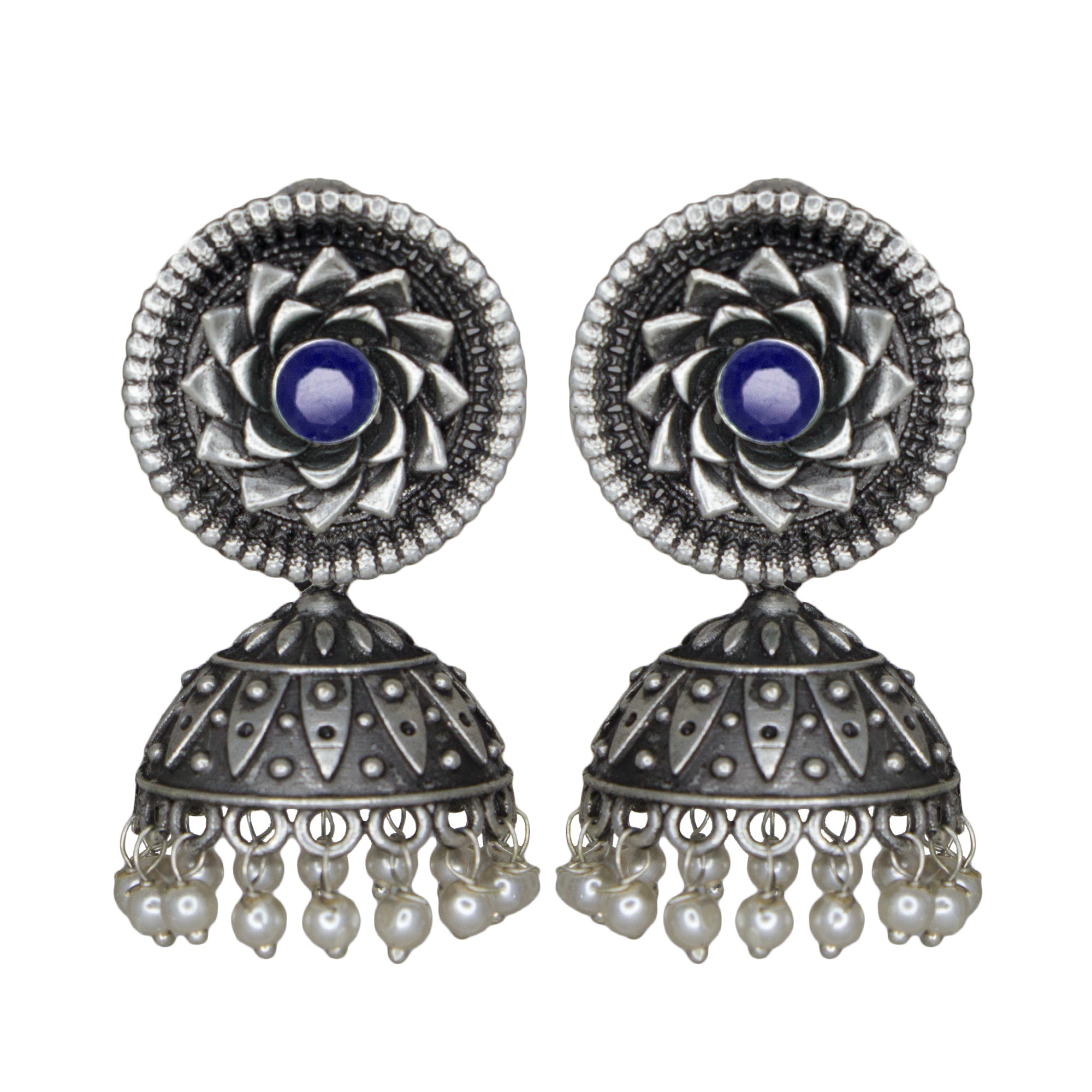 Abhinn Silver Replica Blue Floral Design Jhumka With CZ Stone Earrings For Girls