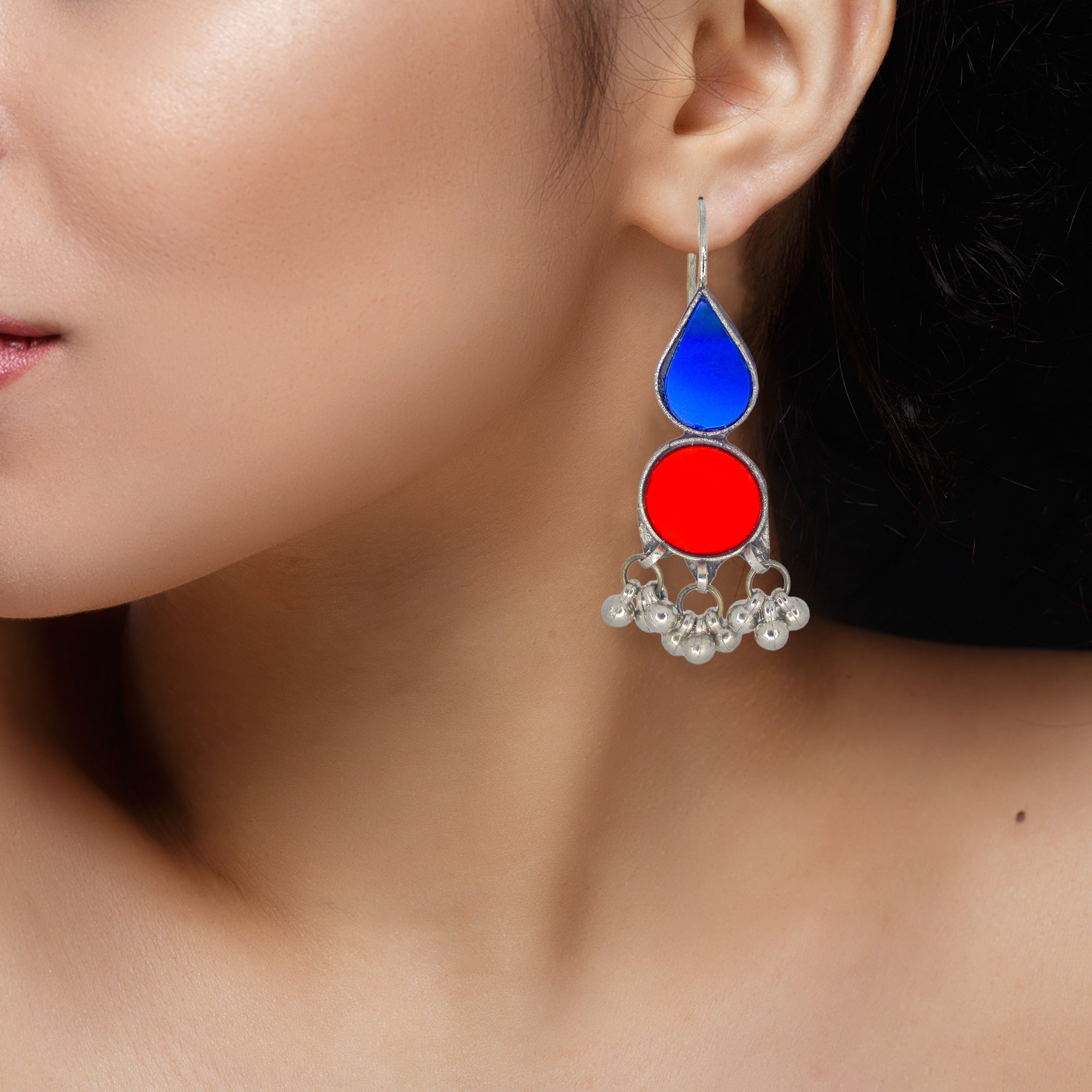 Abhinn Afghani Silver Plated Red-Blue Glass Dangler Earrings For Women