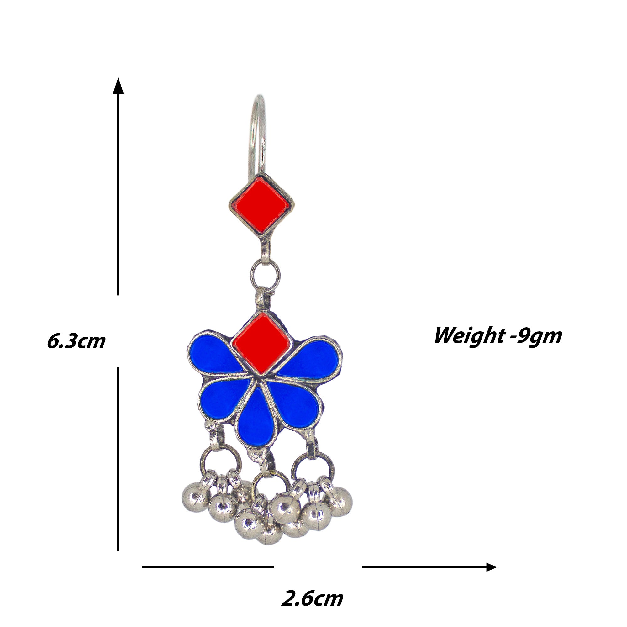 Abhinn Afghani Silver Plated Floral Design Red-Blue Glass Dangler Earrings For Women