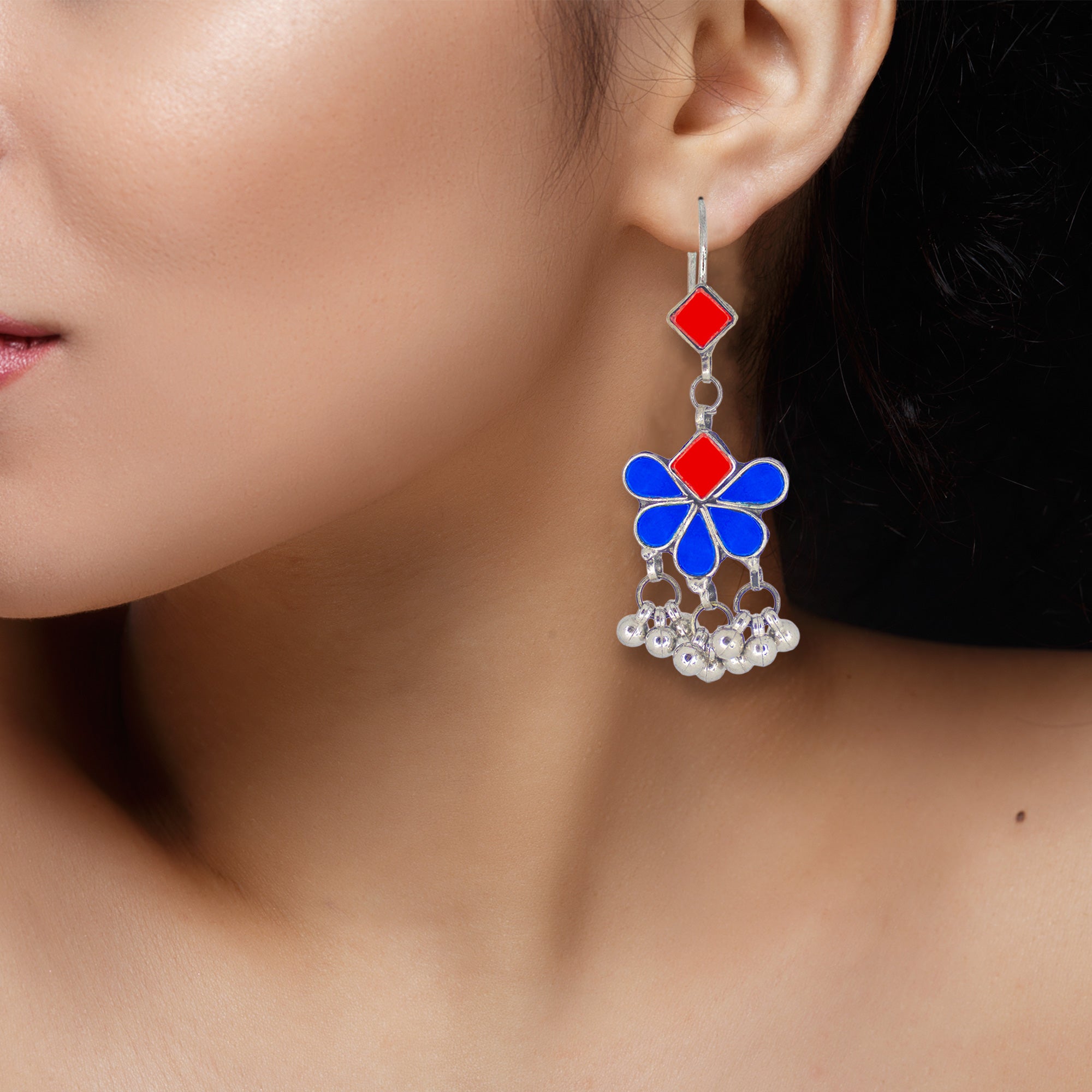 Abhinn Afghani Silver Plated Floral Design Red-Blue Glass Dangler Earrings For Women