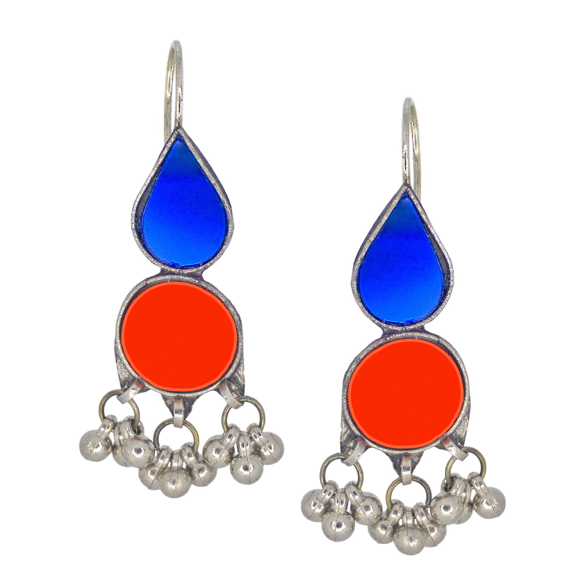 Abhinn Afghani Silver Plated Geometrical Parrot Blue-Red Glass Dangler Earrings For Women