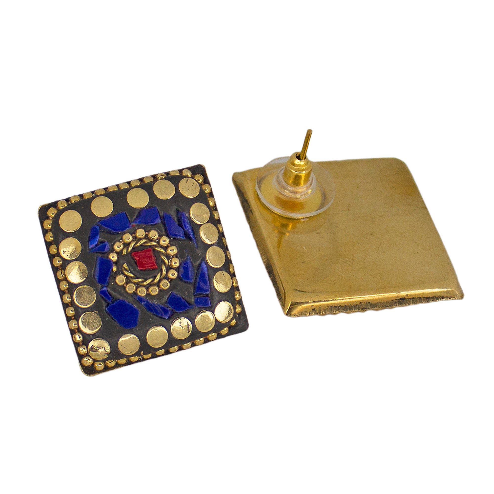 Abhinn Handmade Tibetan Gold Plated Blue Square Stud Earrings For Women