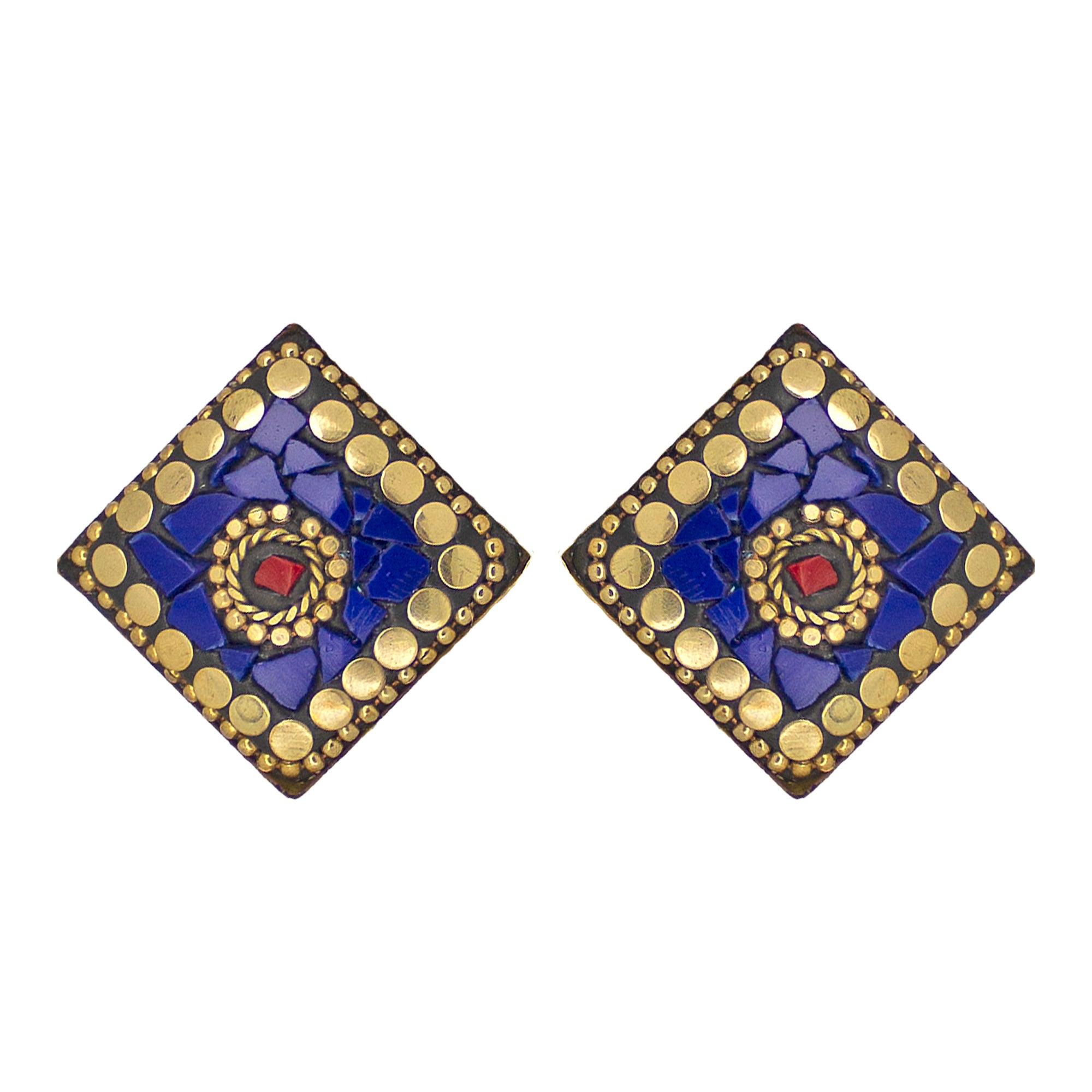 Abhinn Handmade Tibetan Gold Plated Blue Square Stud Earrings For Women