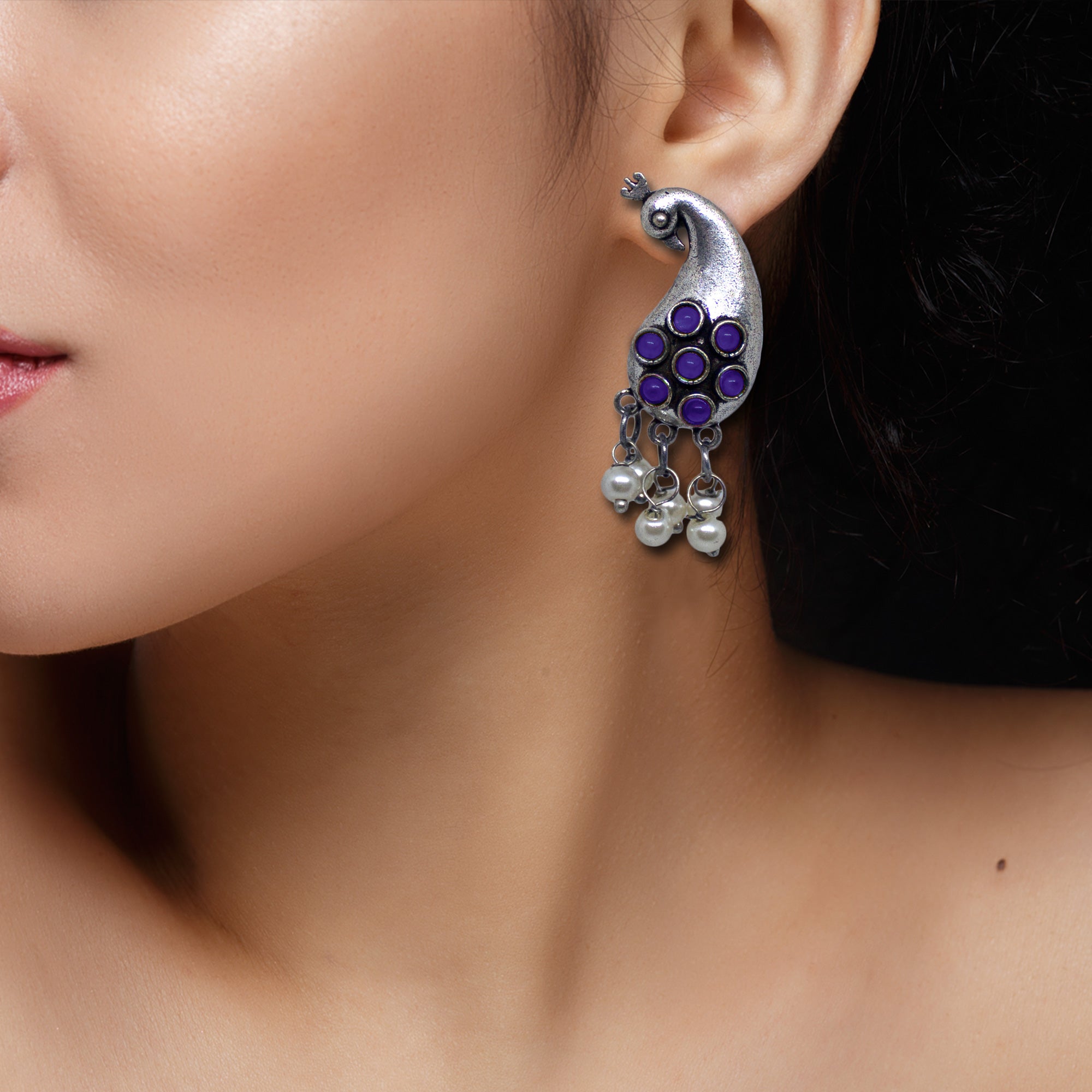 Abhinn Unique Silver Replica Peacock Design With Blue CZ Stones Stud Earrings For Women 