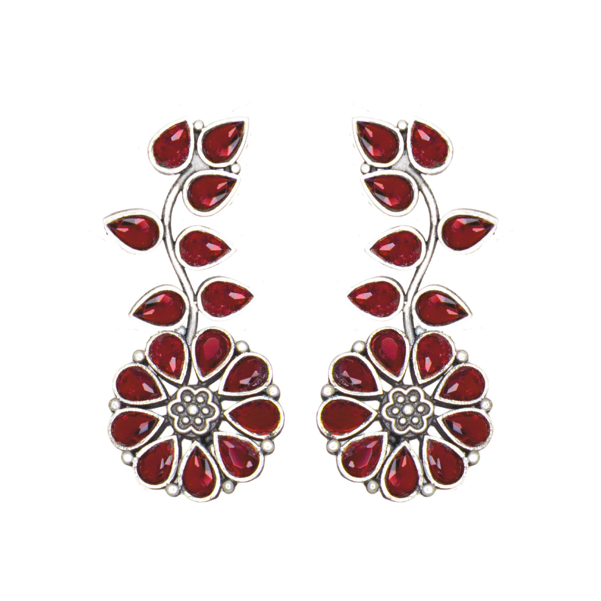 Abhinn Silver Replica Floral Design Red Stones Studded Studs Earrings for Women