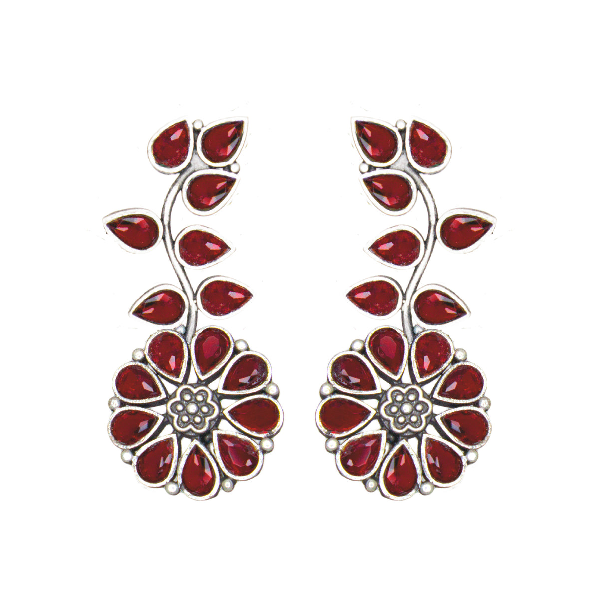 Abhinn Silver Replica Floral Design Red Stones Studded Studs Earrings for Women