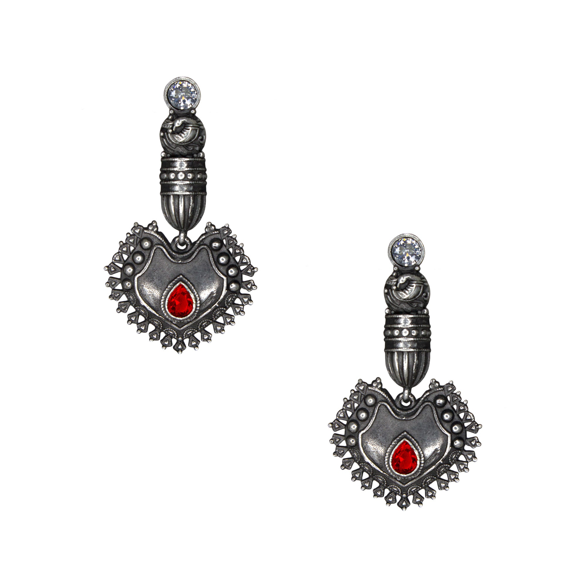 Abhinn Silver Replica Peacock Red Studs Dangler Earrings For Women