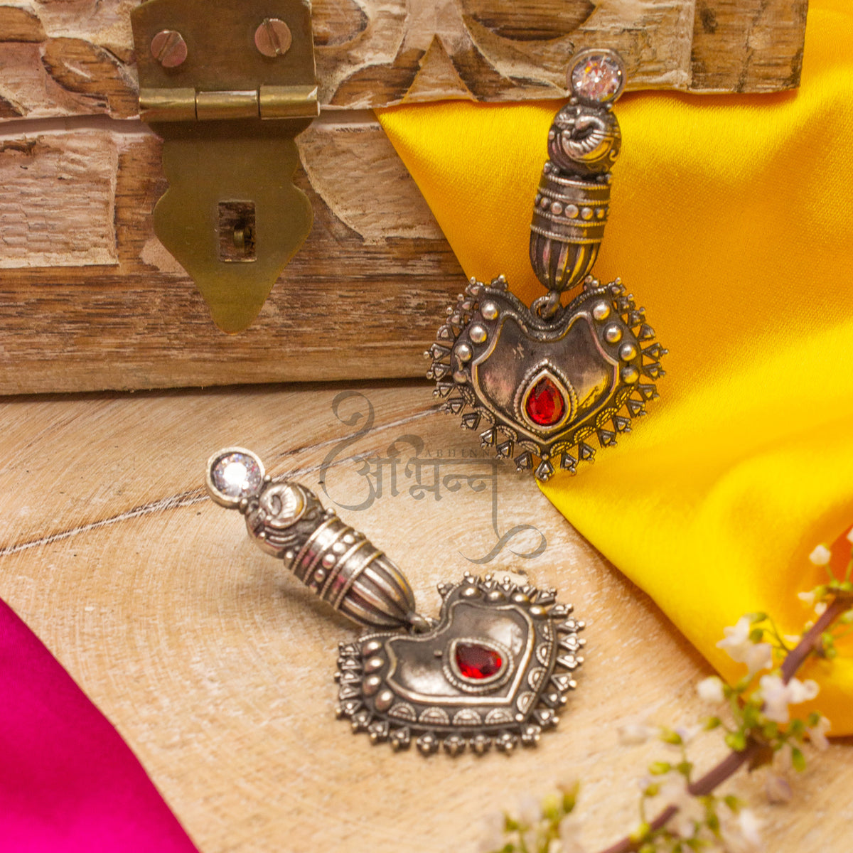 Abhinn Silver Replica Peacock Red Studs Dangler Earrings For Women