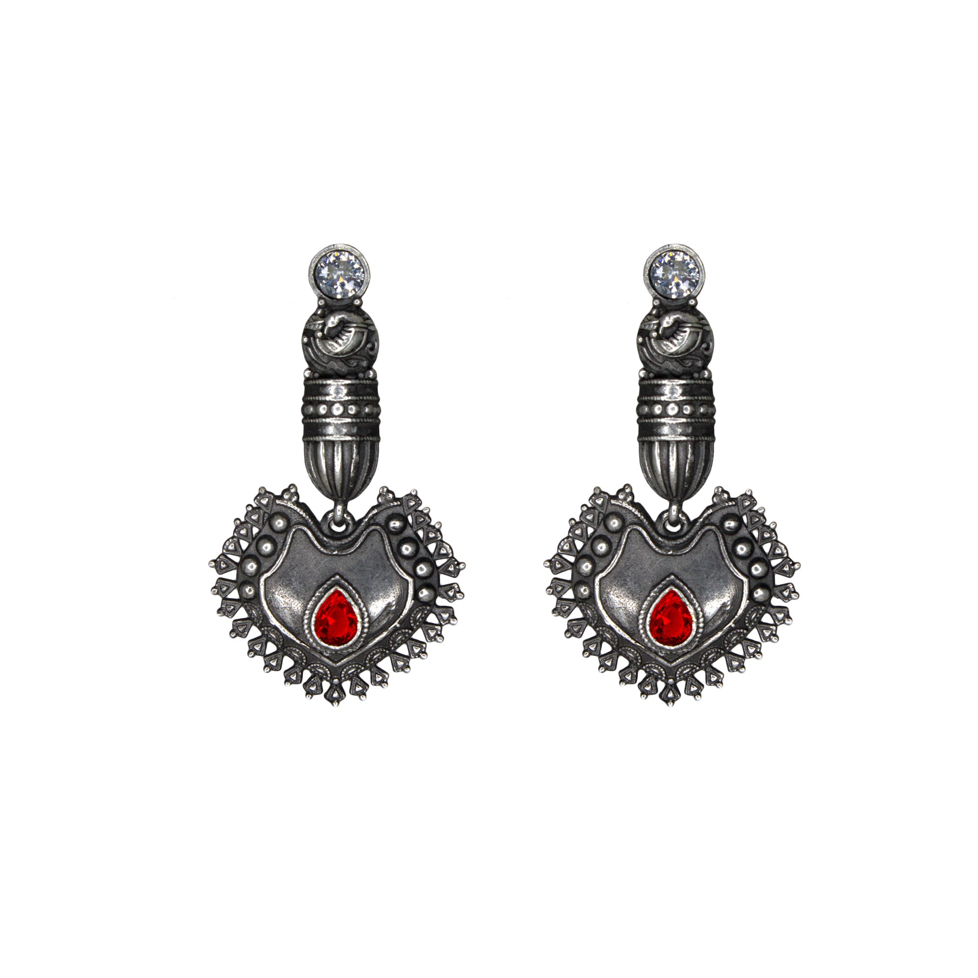 Abhinn Silver Replica Peacock Red Studs Dangler Earrings For Women