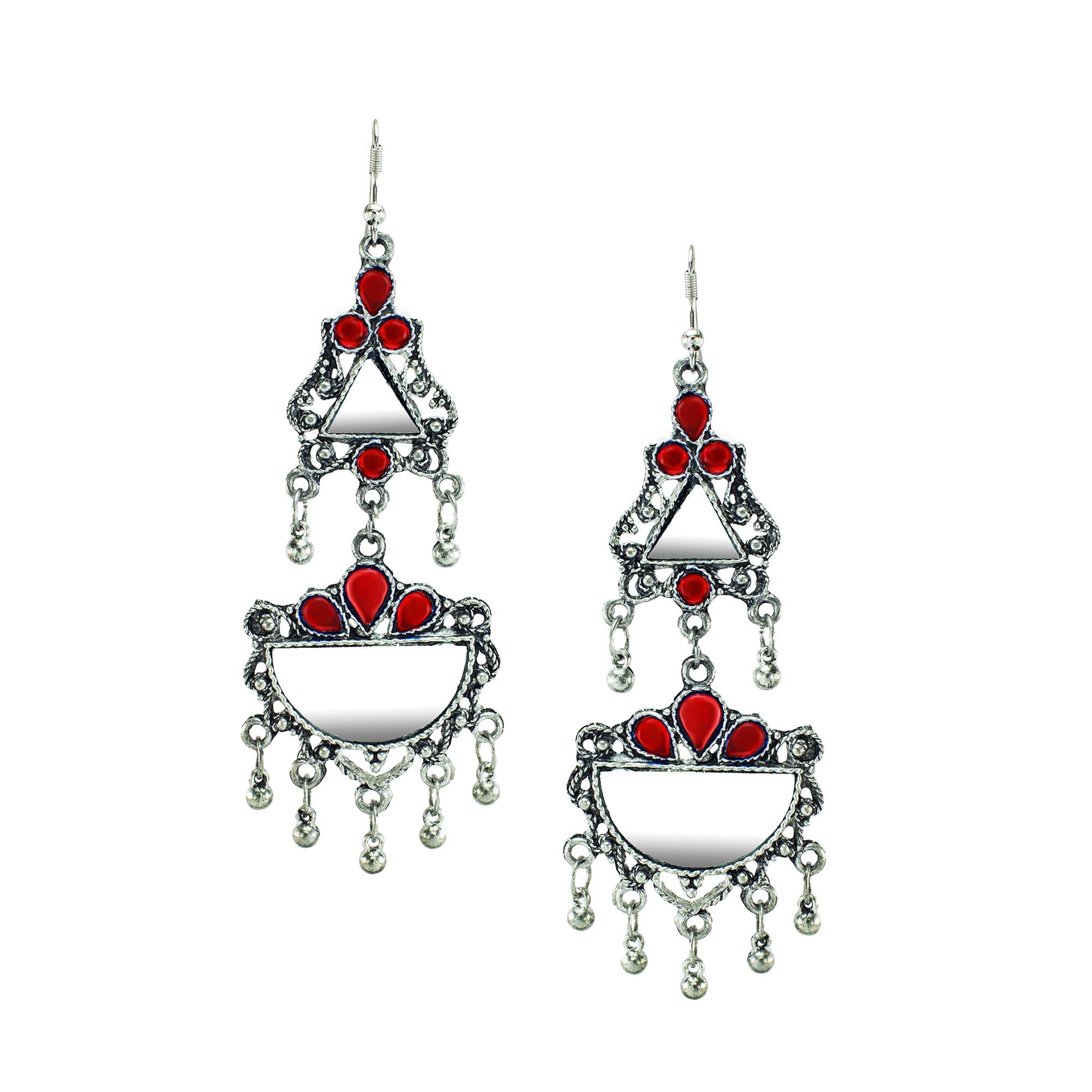 Abhinn Afghani Silver Oxidised Mirror With Red Stones Dangler Earrings for Women