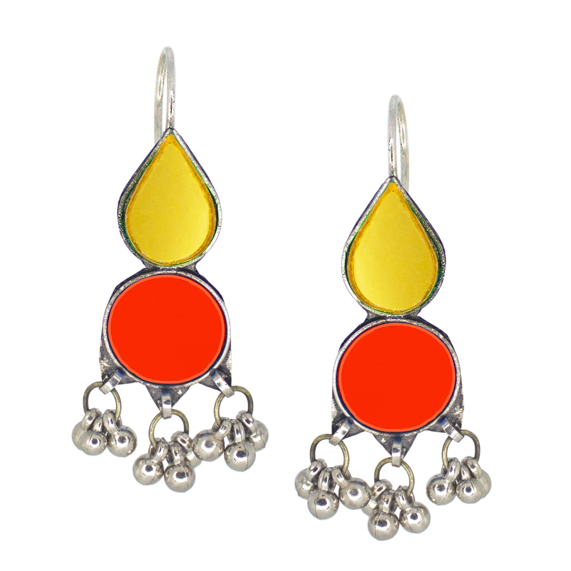Abhinn Afghani Silver Plated Yellow-Red Glass Dangler Earrings For Women