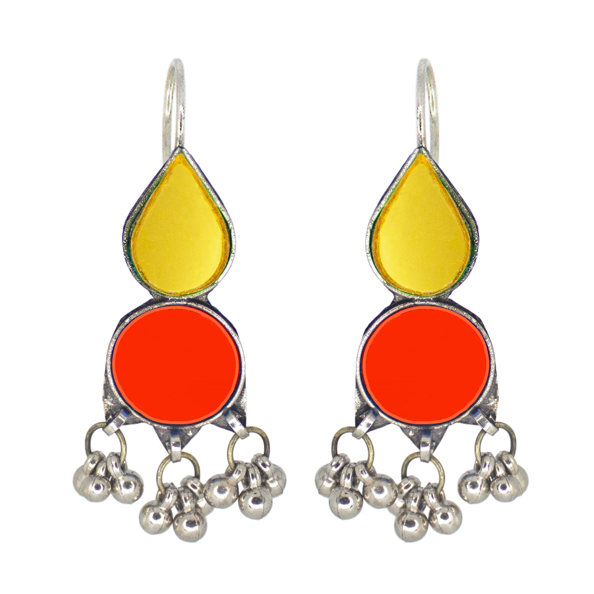 Abhinn Afghani Silver Plated Yellow-Red Glass Dangler Earrings For Women