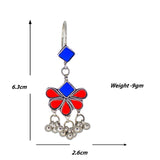 Abhinn Afghani Silver Plated Floral Design Blue-Red Glass Dangler Earrings For Women