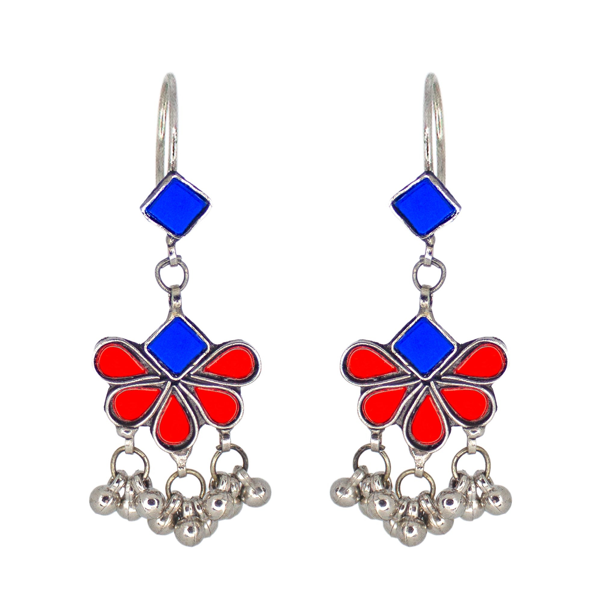 Abhinn Afghani Silver Plated Floral Design Blue-Red Glass Dangler Earrings For Women