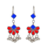 Abhinn Afghani Silver Plated Floral Design Blue-Red Glass Dangler Earrings For Women