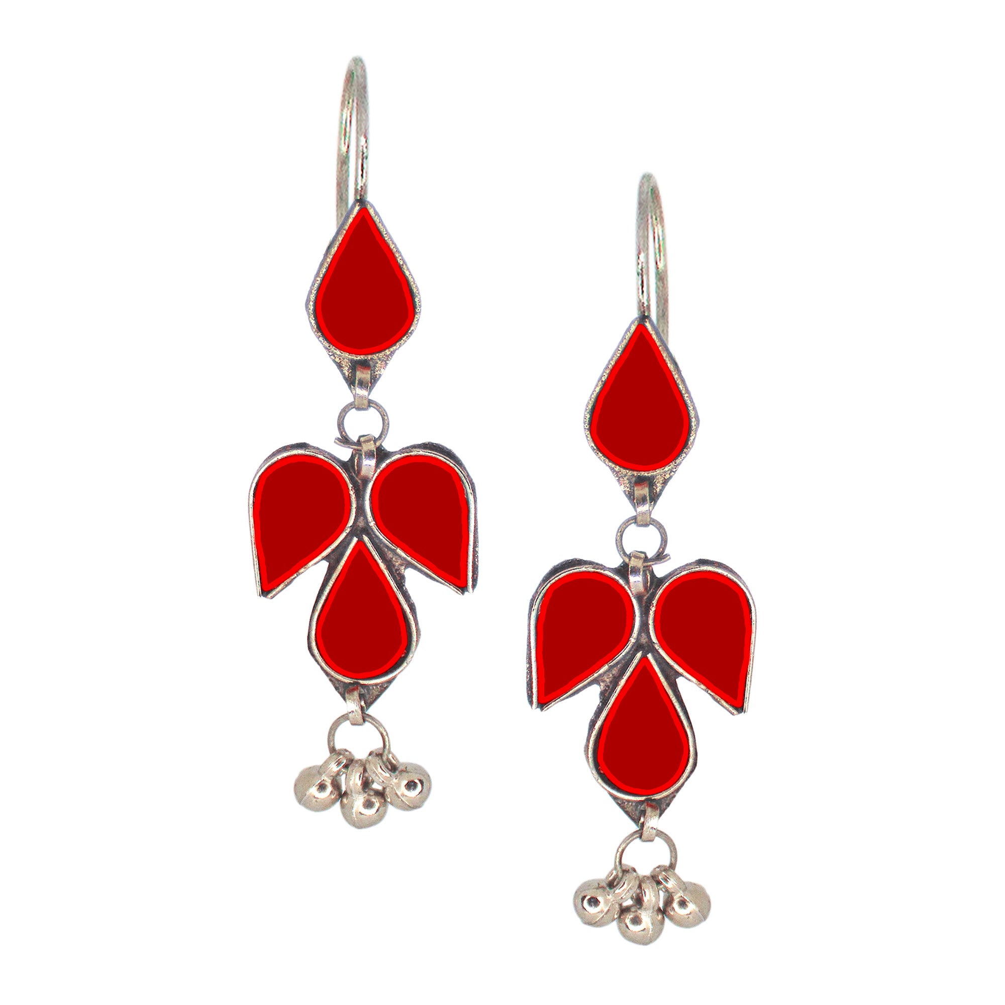 Abhinn Afghani Silver Plated Petal Shape Red Glass Dangler Earrings For Women