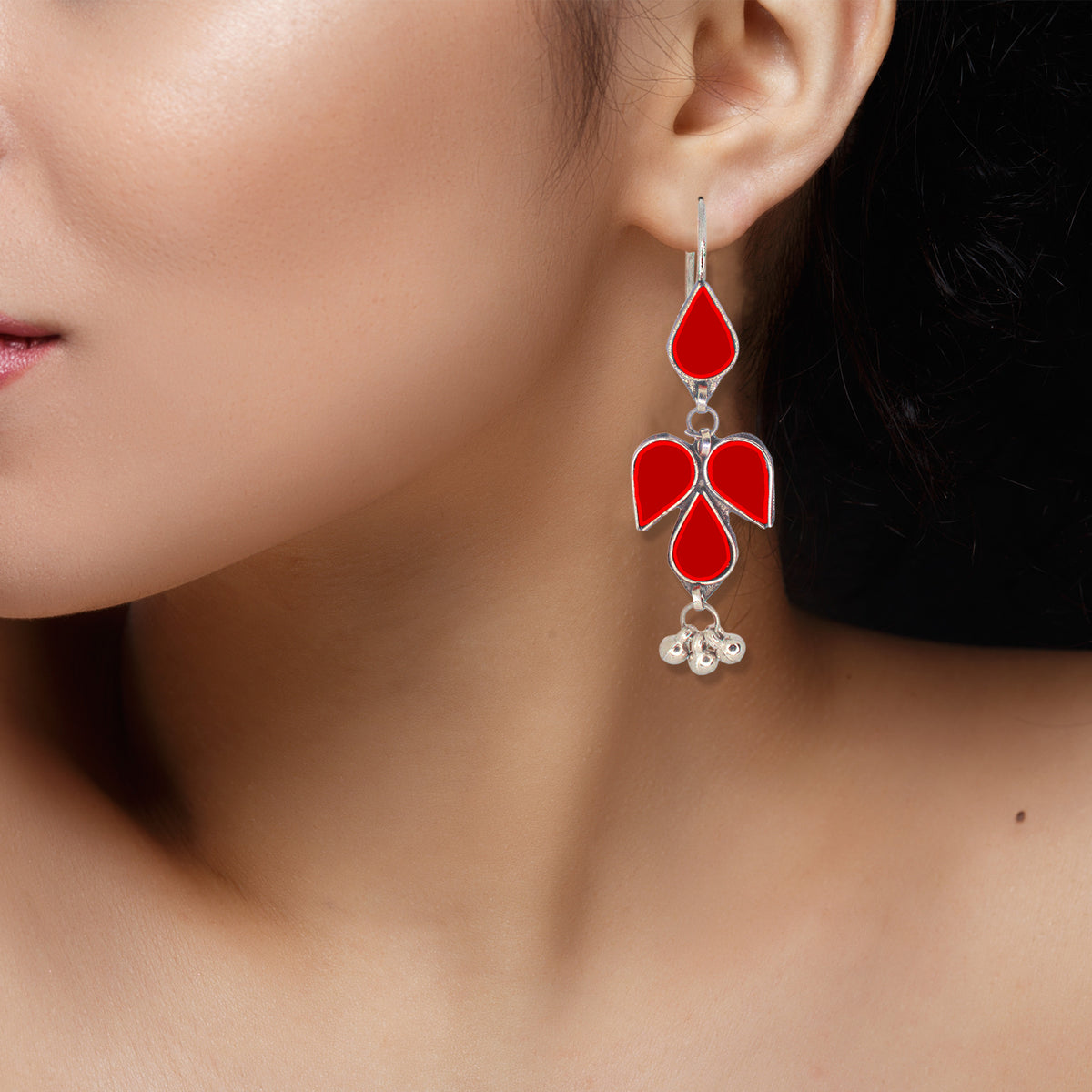 Abhinn Afghani Silver Plated Petal Shape Red Glass Dangler Earrings For Women