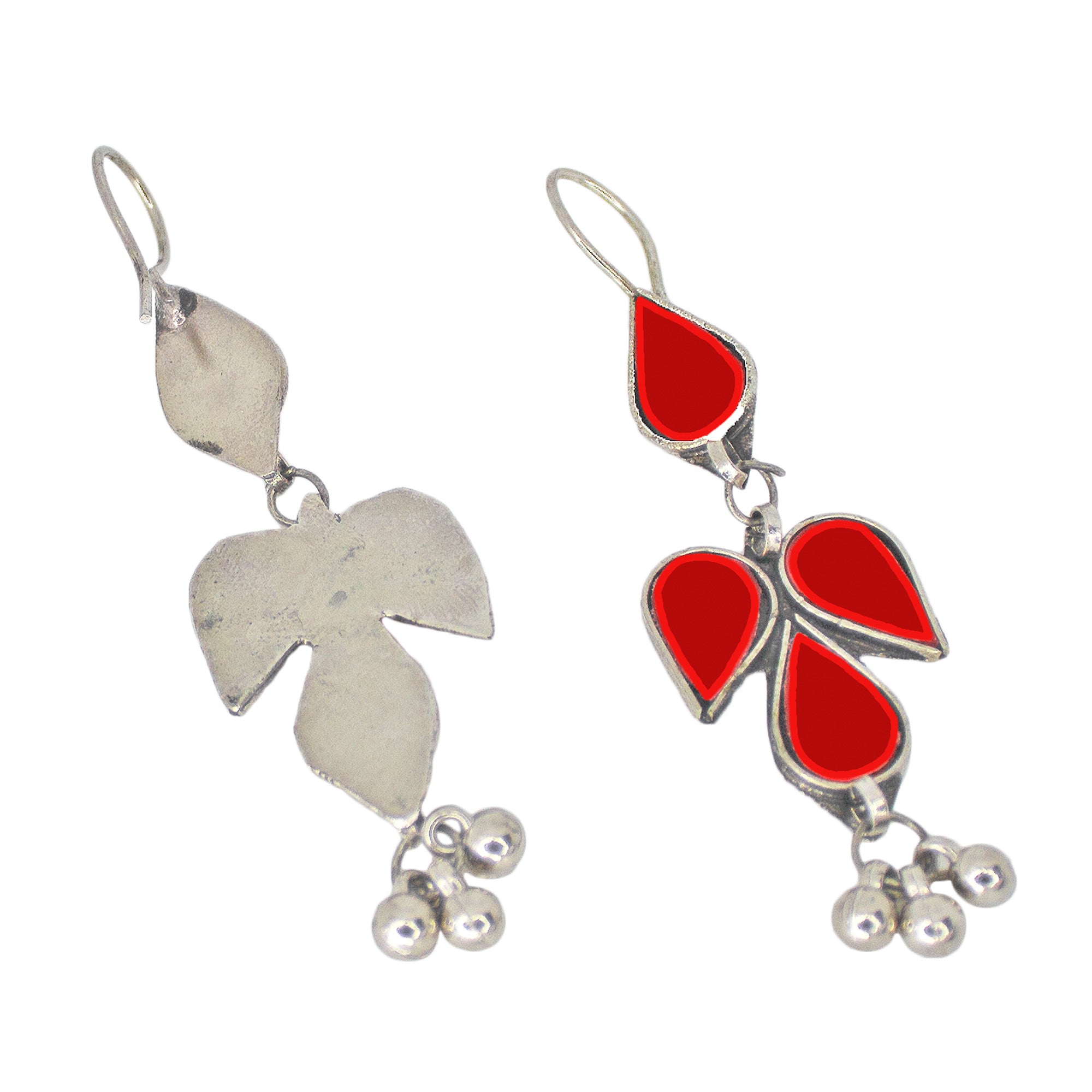 Abhinn Afghani Silver Plated Petal Shape Red Glass Dangler Earrings For Women
