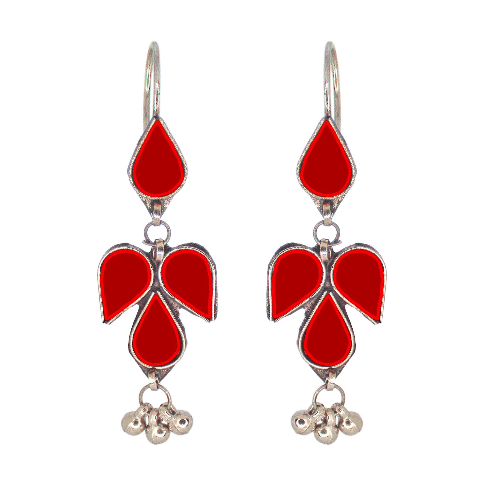 Abhinn Afghani Silver Plated Petal Shape Red Glass Dangler Earrings For Women