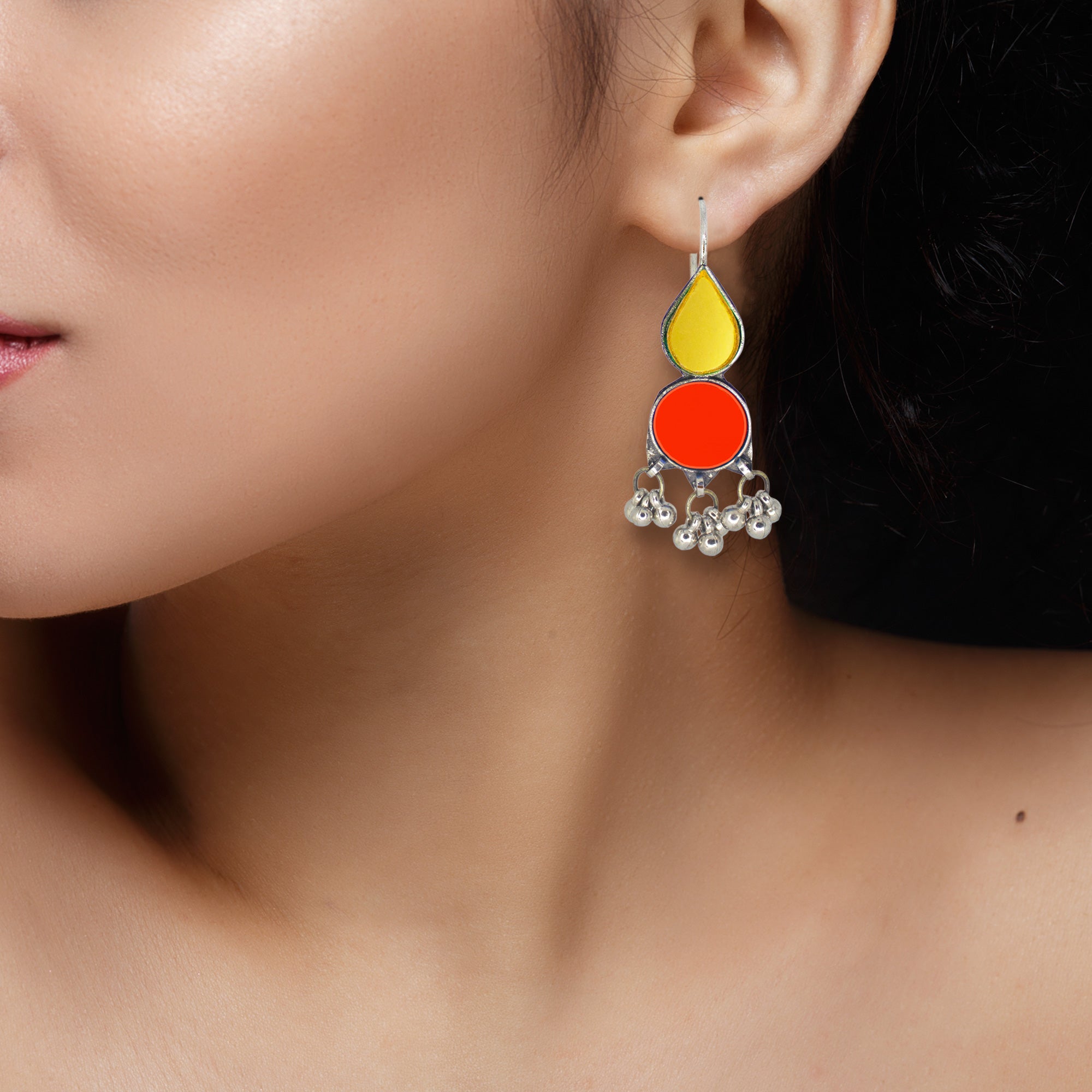 Abhinn Afghani Silver Plated Geometrical Parrot Yellow-Red Glass Dangler Earrings For Women
