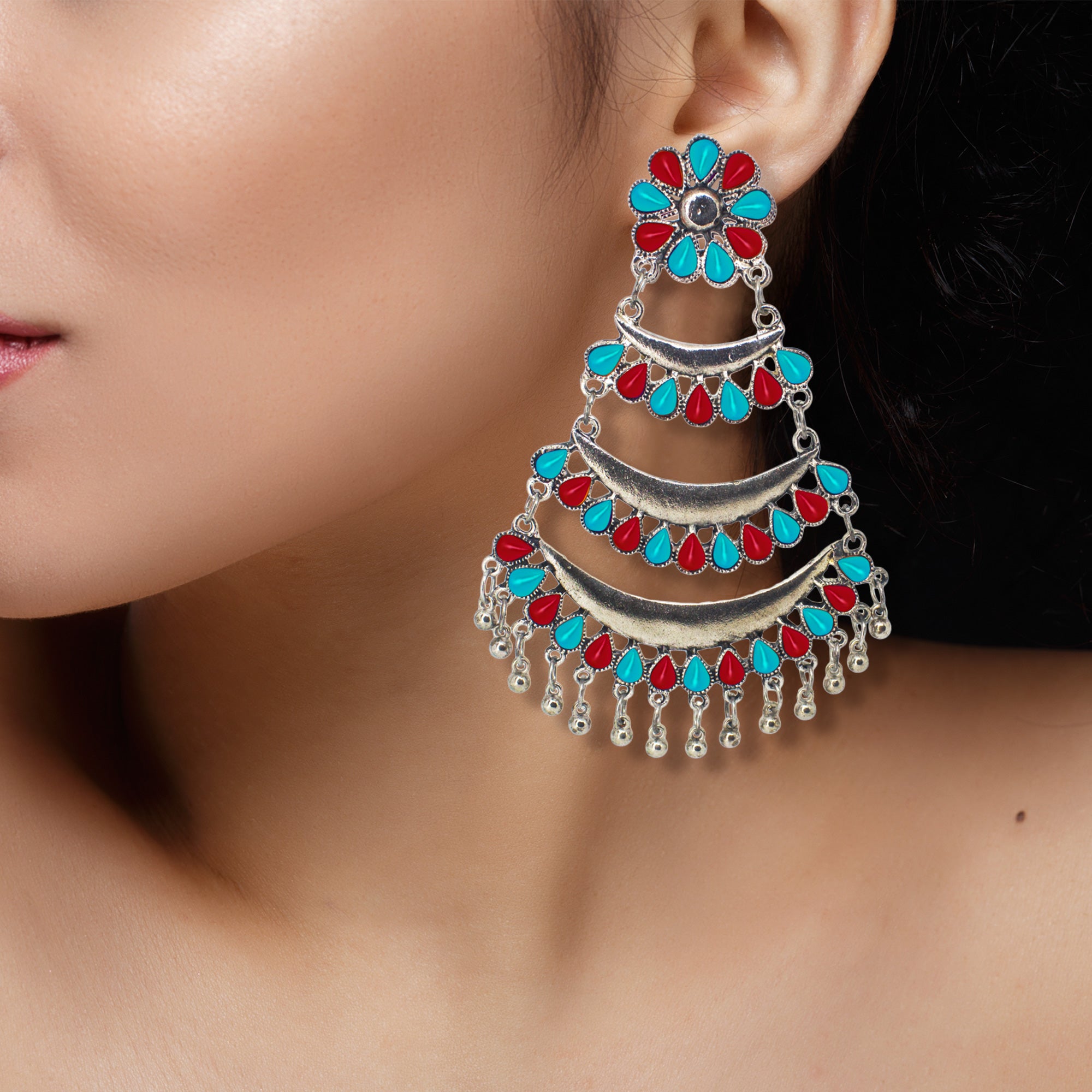 Abhinn Silver Oxidised Triple Layered Multi Colour Red-Sky Blue Dangler Earrings For Women