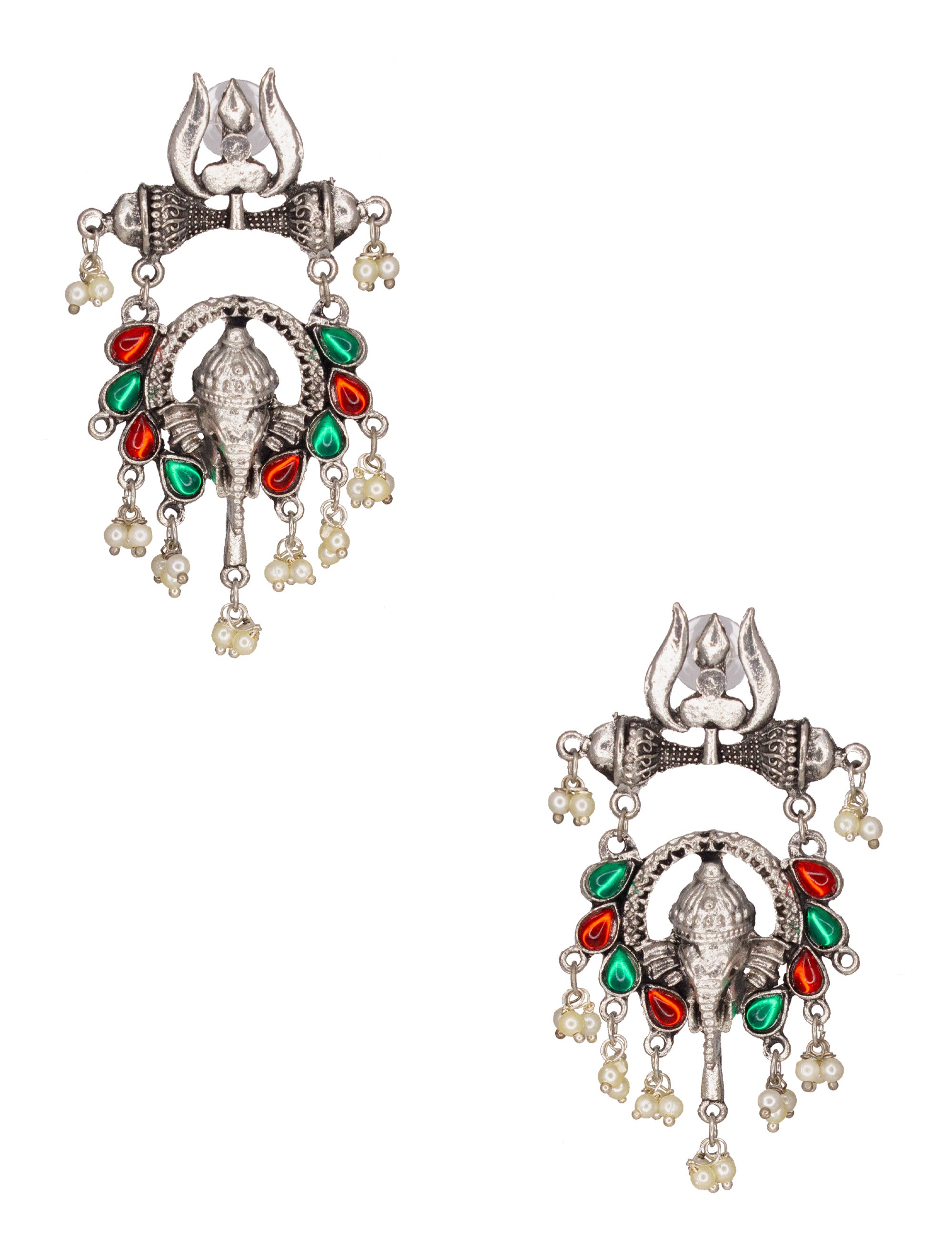 Abhinn Silver Oxidised Ganesha With Red-Green Kundan Stone Dangler Earrings For Women