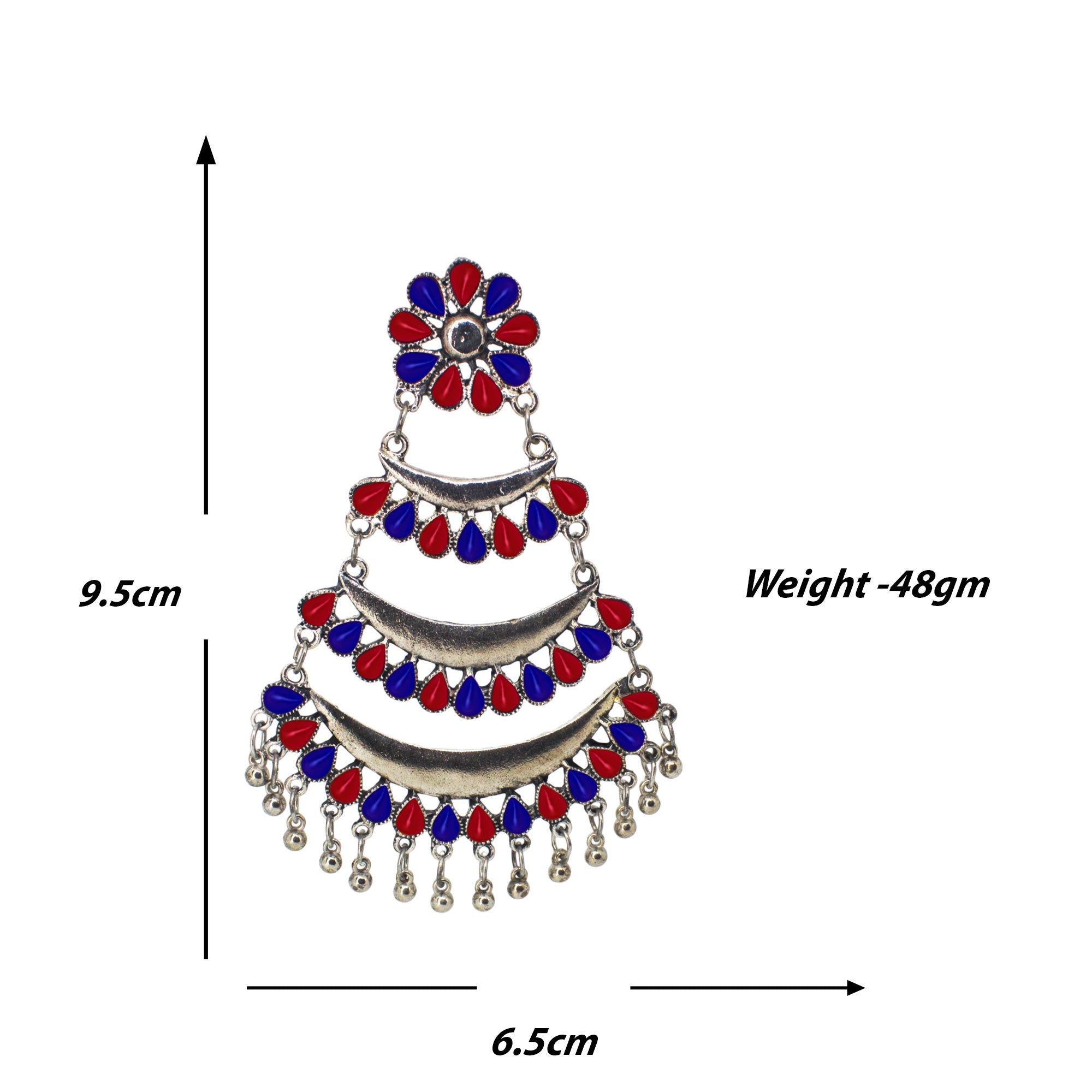Abhinn Silver Oxidised Triple Layered Multi Colour Blue-Red Dangler Earrings For Women