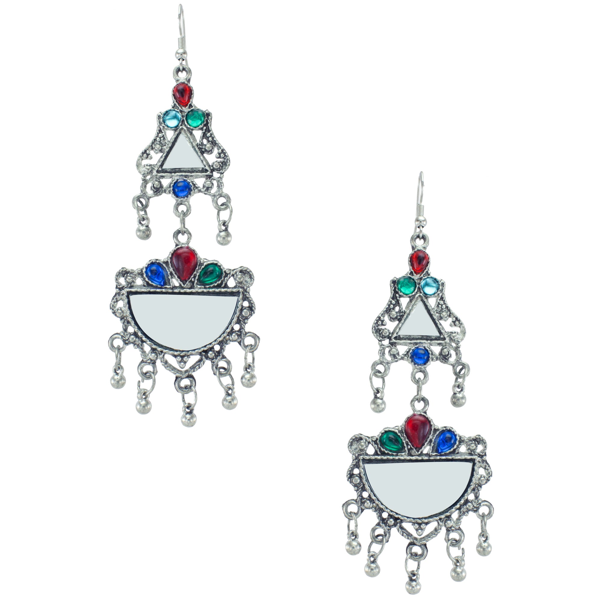 Abhinn Afghani Silver Oxidised Mirror With Stones Dangler Earrings for Women