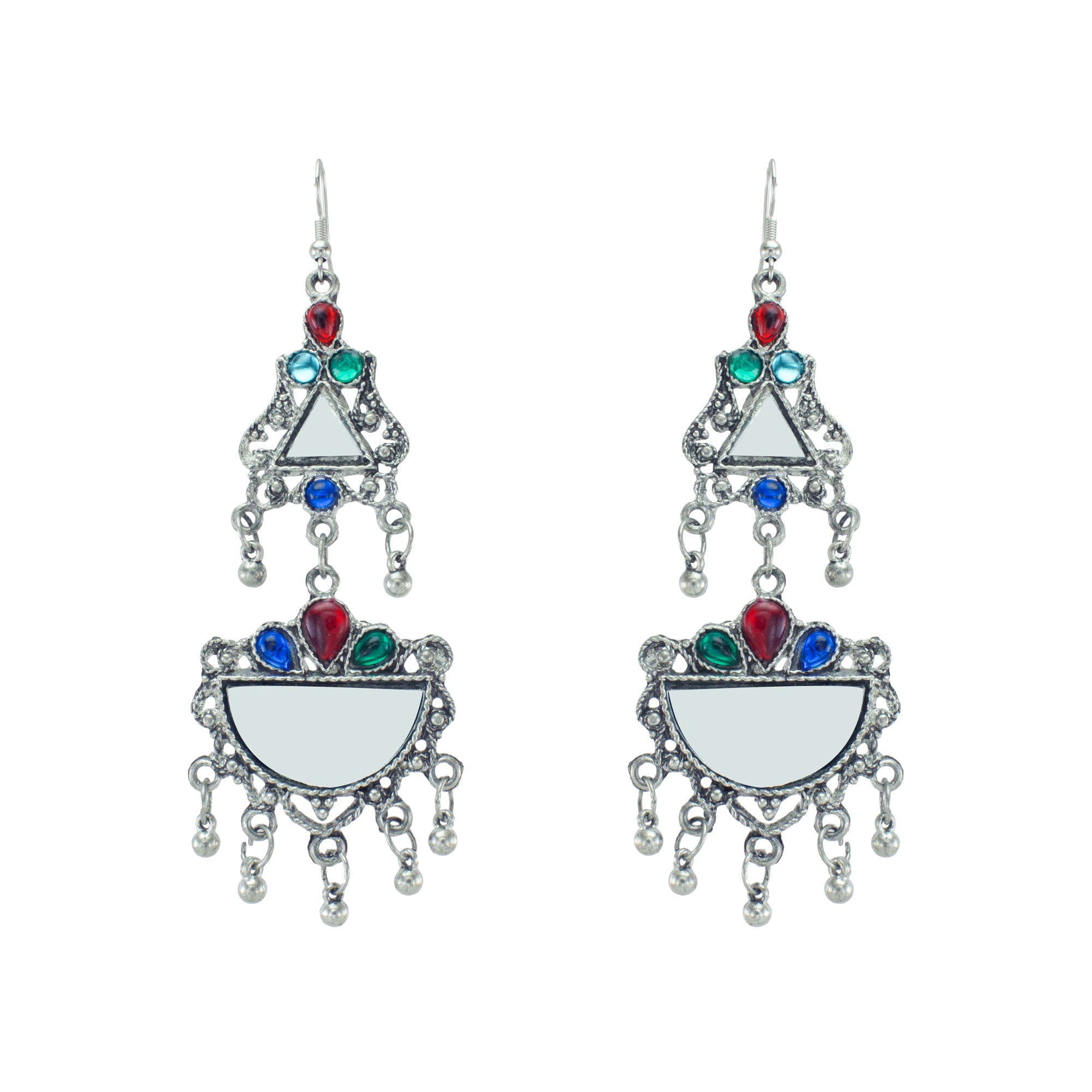 Abhinn Afghani Silver Oxidised Mirror With Stones Dangler Earrings for Women