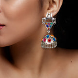Abhinn Silver Oxidised Shiva Trishul Studs With Multi Colour Jhumka Earrings For Women