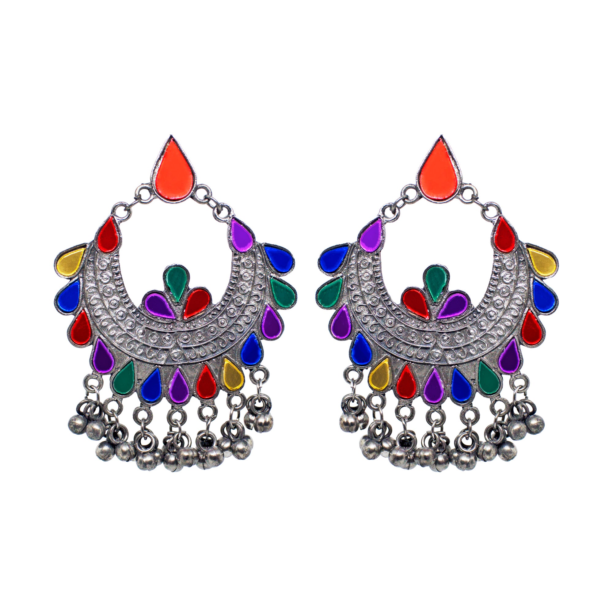 Abhinn Afghani Silver Oxidised Temple Design Multi Color Dangler Earrings For Women