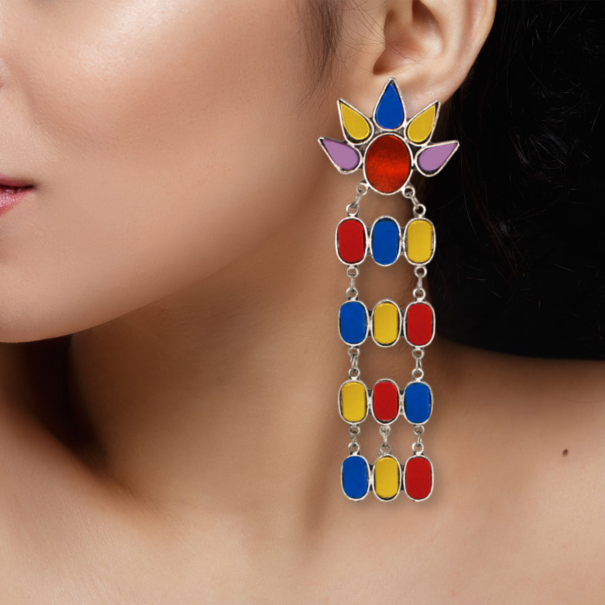 Abhinn Afghani Silver Oxidised Sun Shaped Multi Colour Dangler Earrings For Women