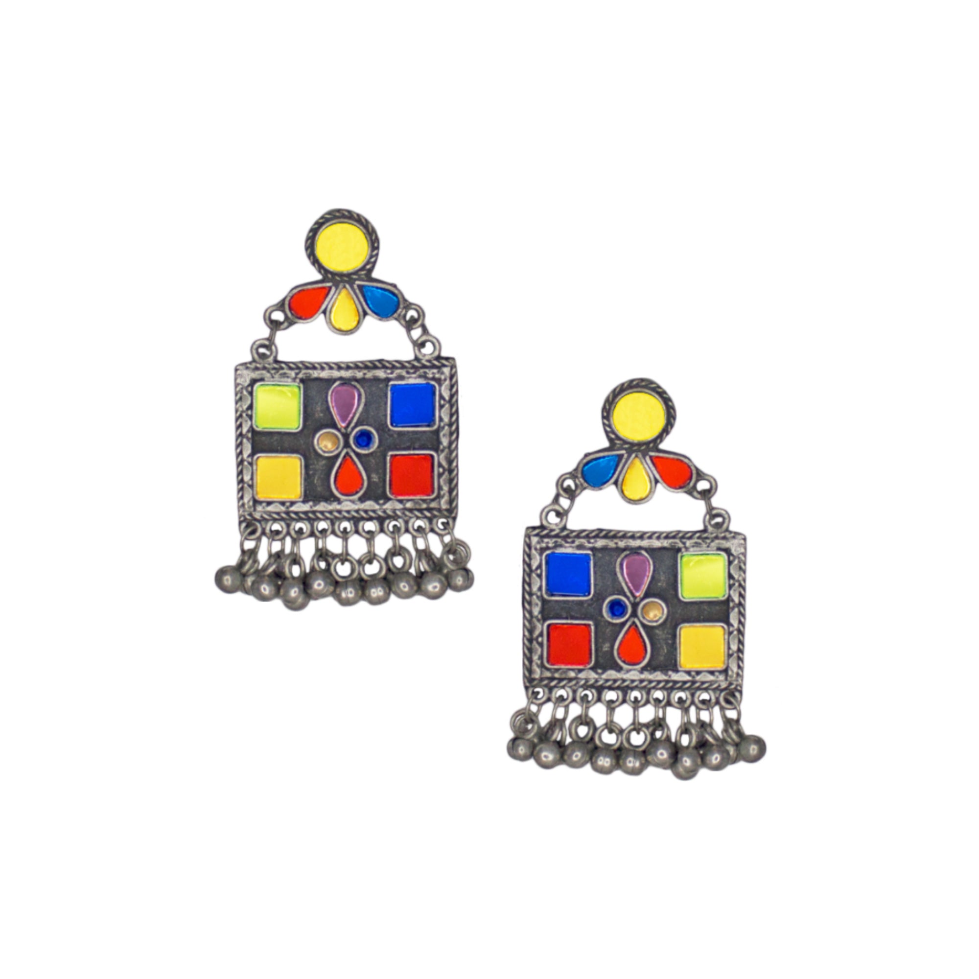 Abhinn Afghani Silver Oxidised Geometrical Design Multi Color Dangler Earrings For Women