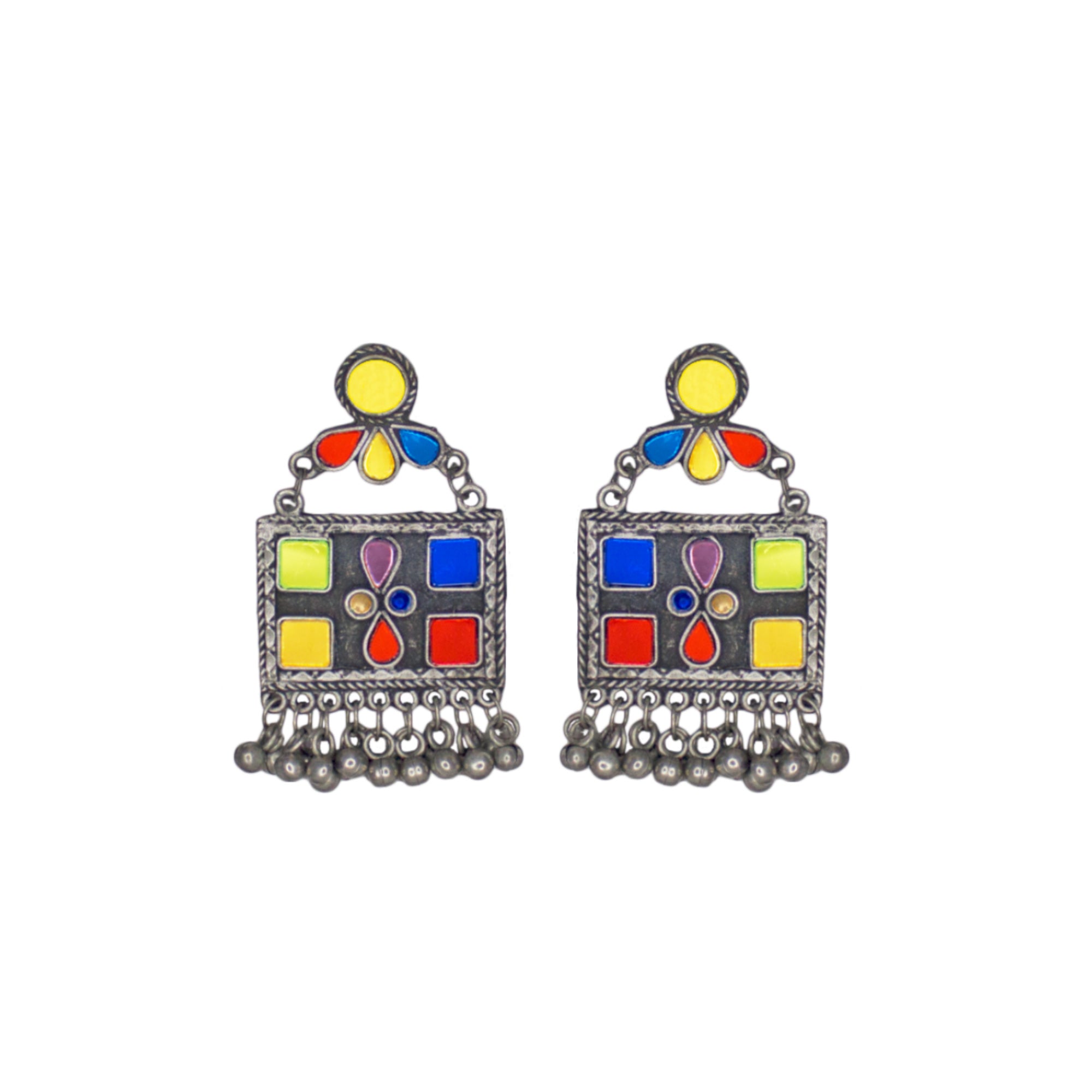 Abhinn Afghani Silver Oxidised Geometrical Design Multi Color Dangler Earrings For Women