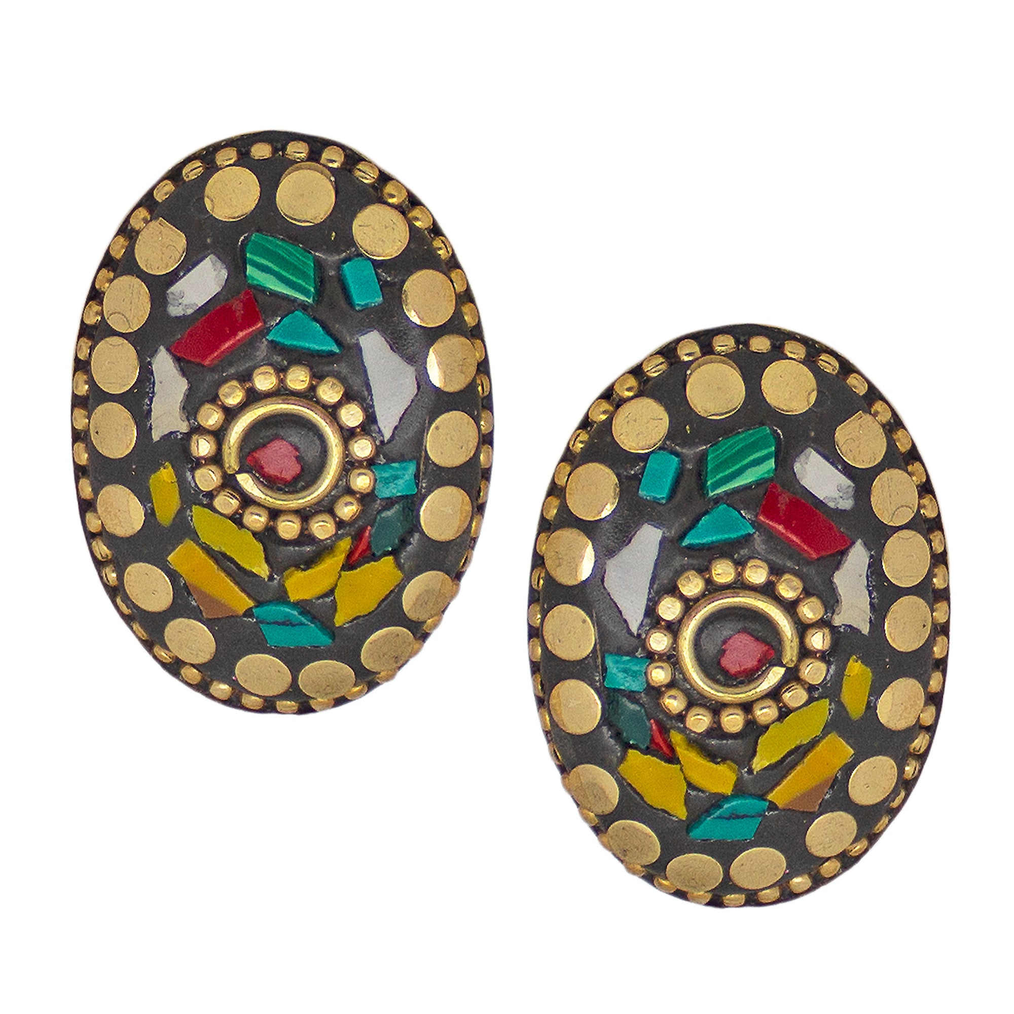 Abhinn Handmade Tibetan Gold Plated Multi-color Oval-shaped Studs Earrings For Women