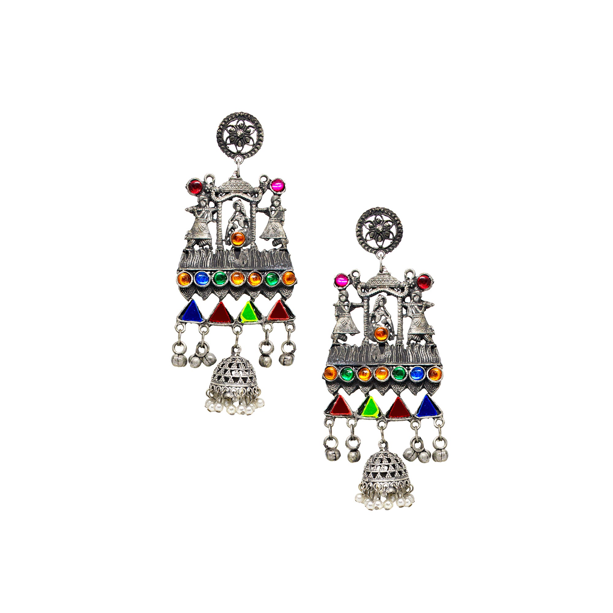 Abhinn Silver Oxidised Doli Design Multi Colour Dangler Earrings For Women-1