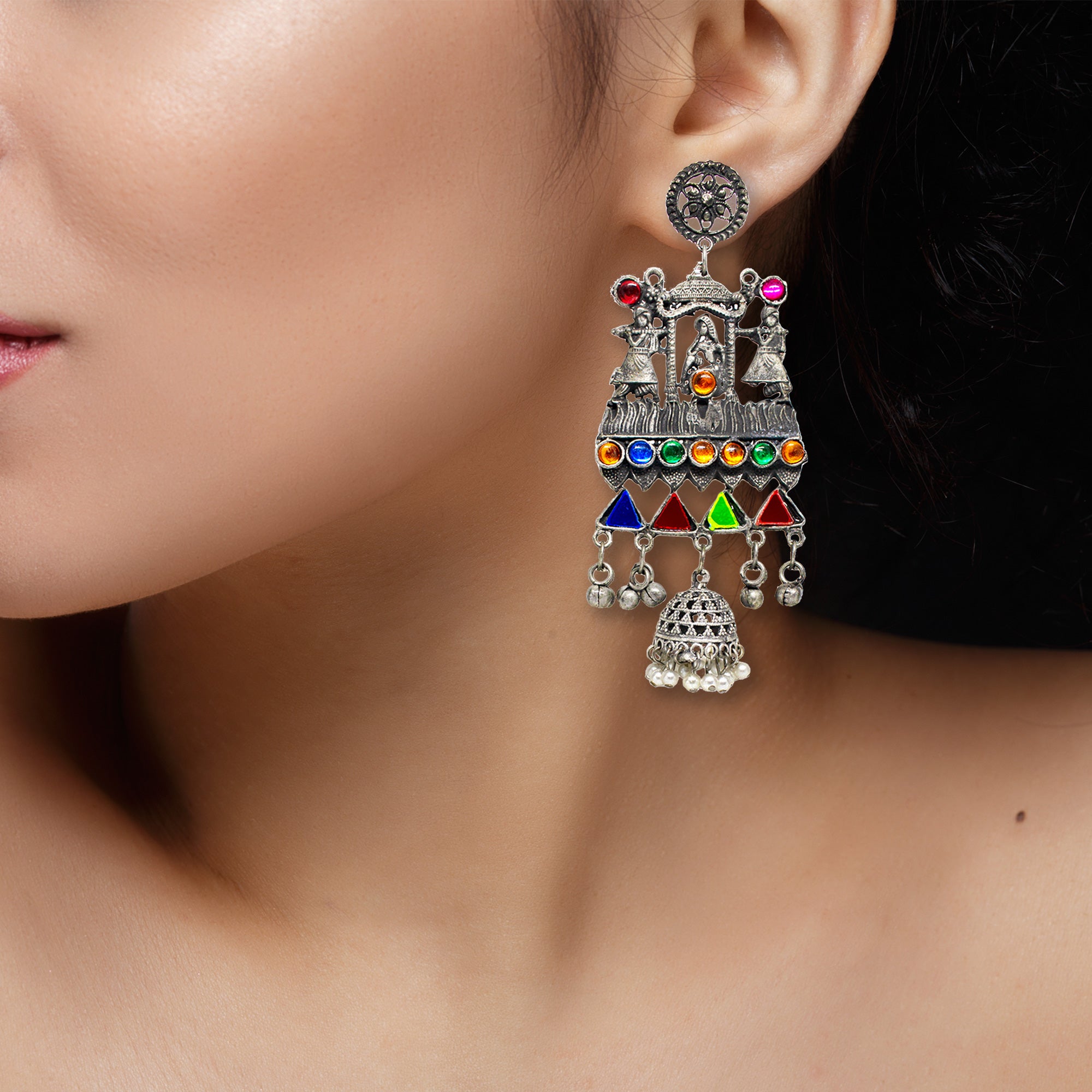 Abhinn Silver Oxidised Doli Design Multi Colour Dangler Earrings For Women-1